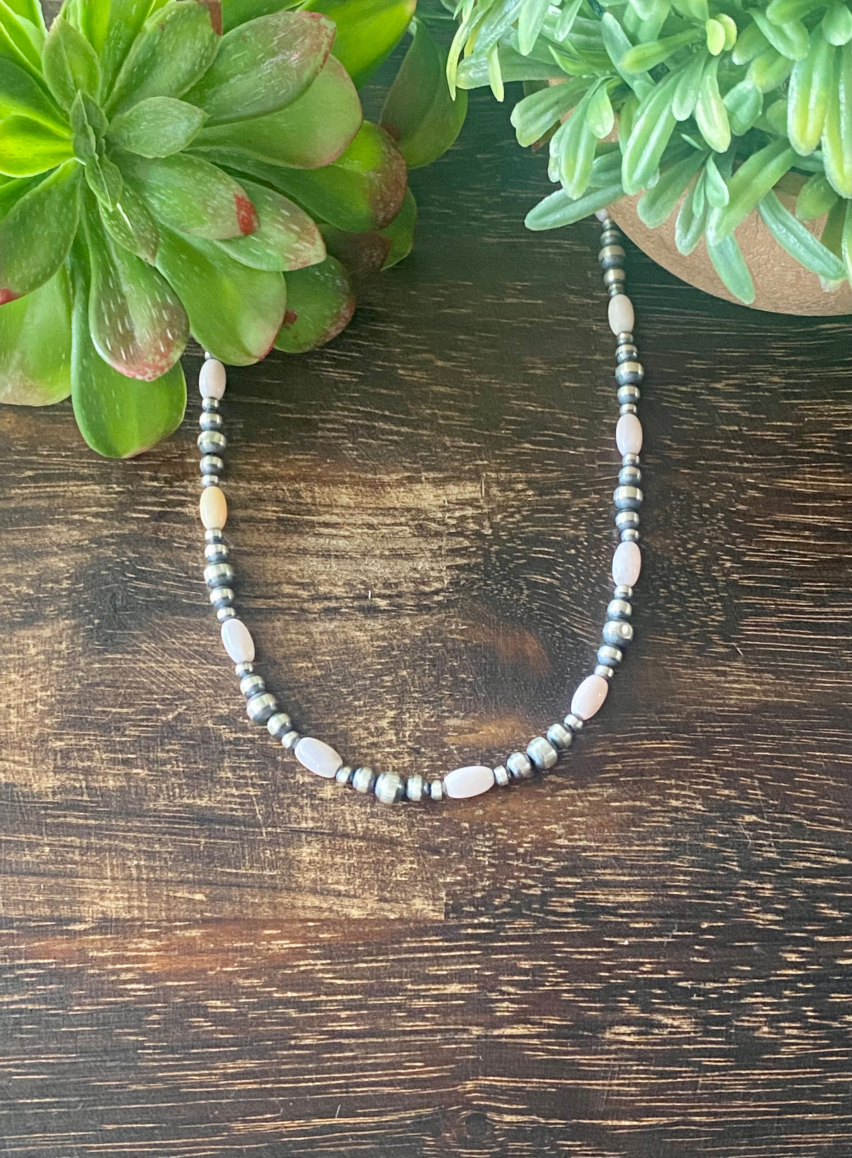 Navajo Made Pink Opal & Sterling Silver Graduated Pearl Necklace