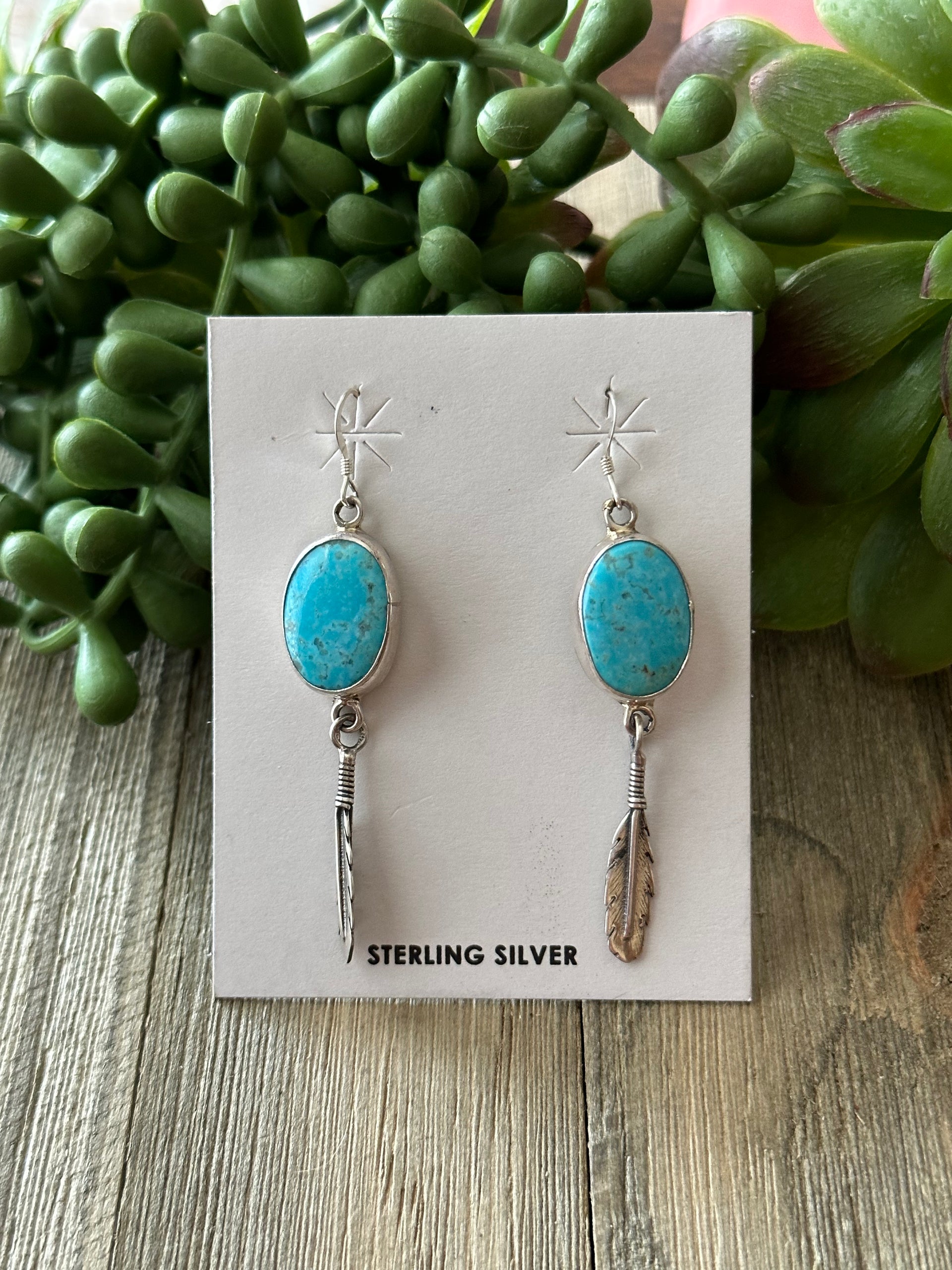 Navajo Made Kingman Turquoise & Sterling Silver Dangle Feather Earrings