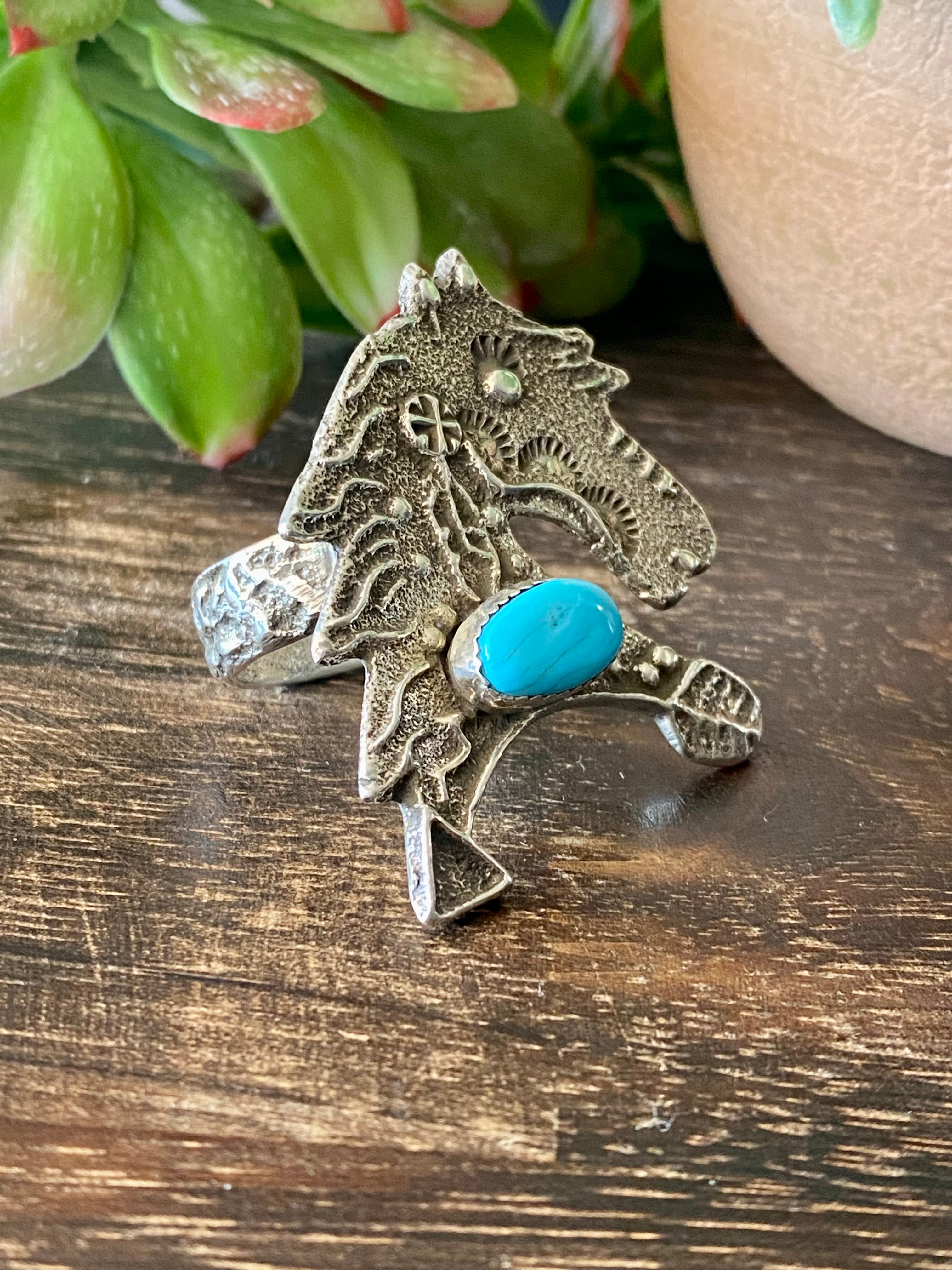 Delbert Arviso Kingman Turquoise & Sterling Silver Tufa Cast Horse Ring Size 9.75