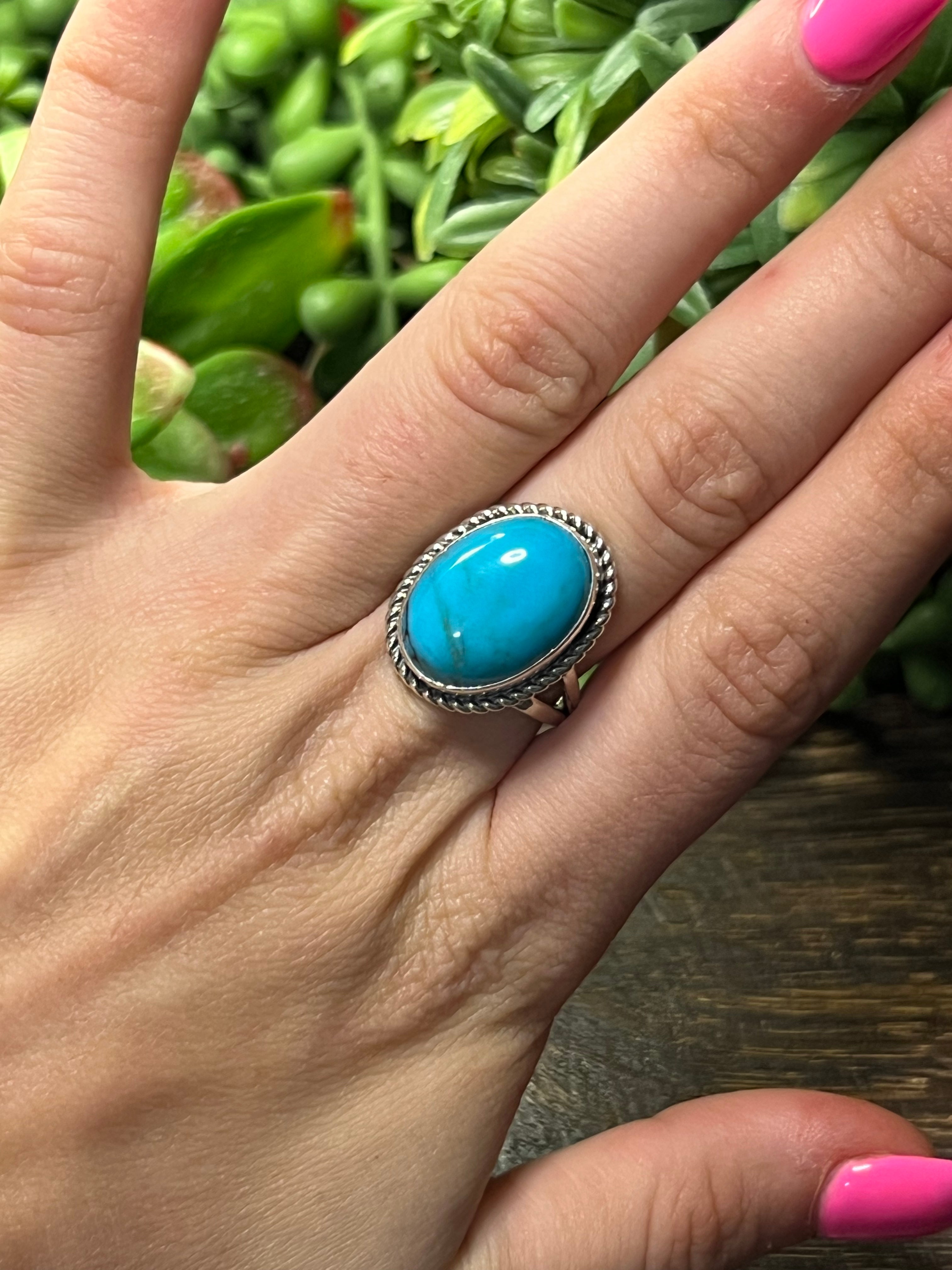 Eli Skeets Kingman Turquoise & Sterling Silver Ring Size 8.25