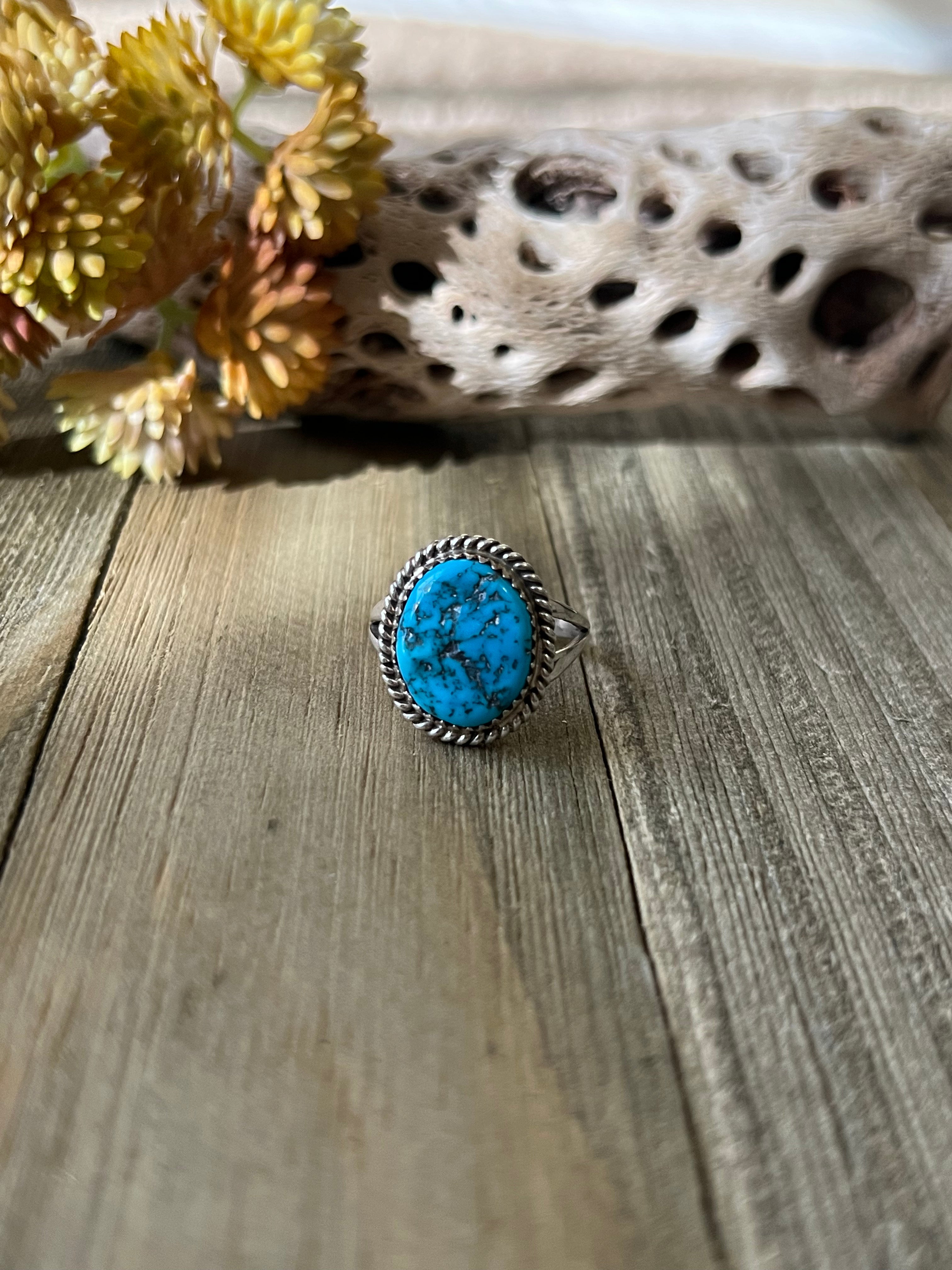 Navajo Made Kingman Turquoise & Sterling Silver Ring Size 9