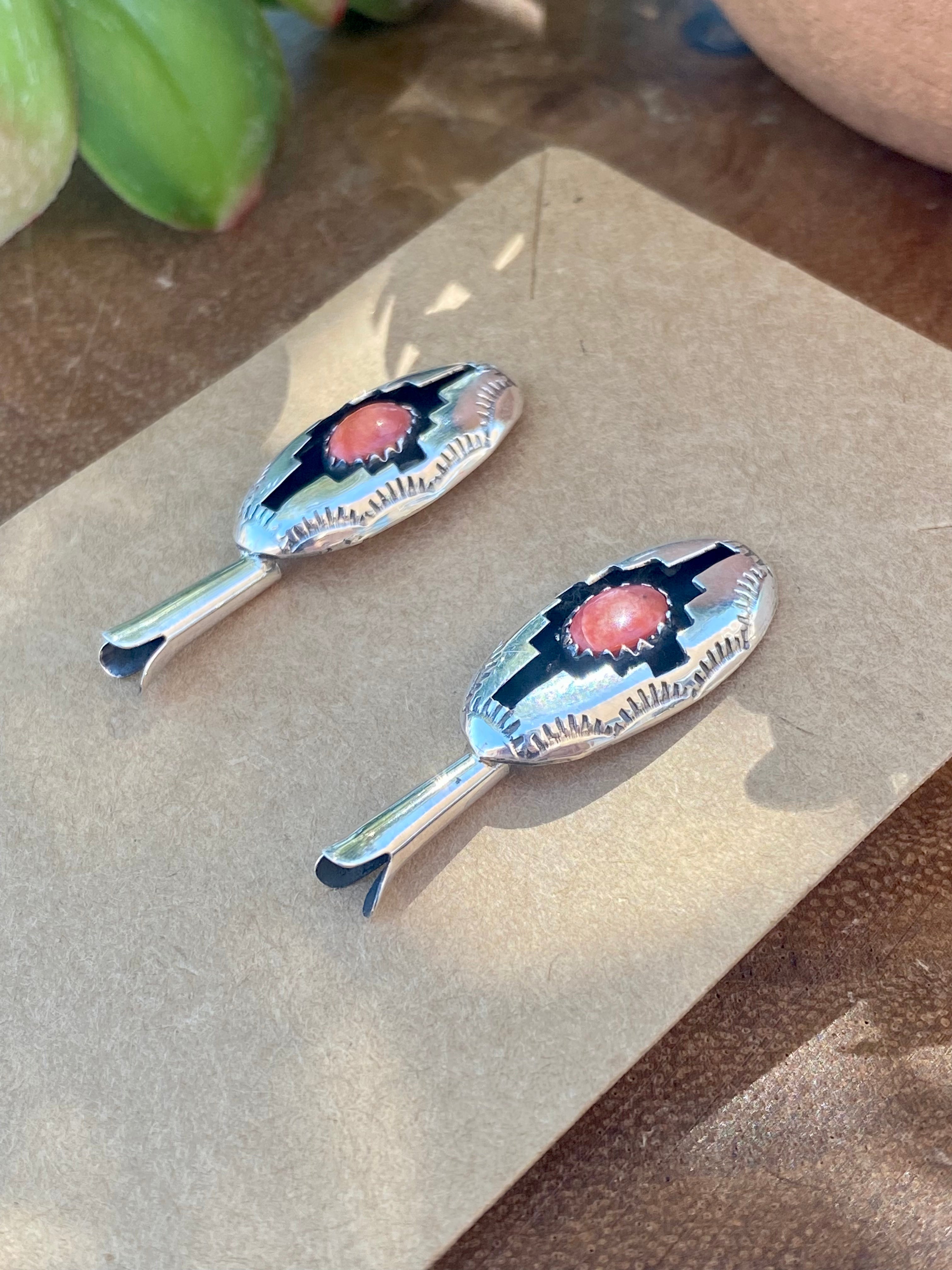 Navajo Made Red Spiny Oyster & Sterling Silver Blossom Post Dangle Earrings