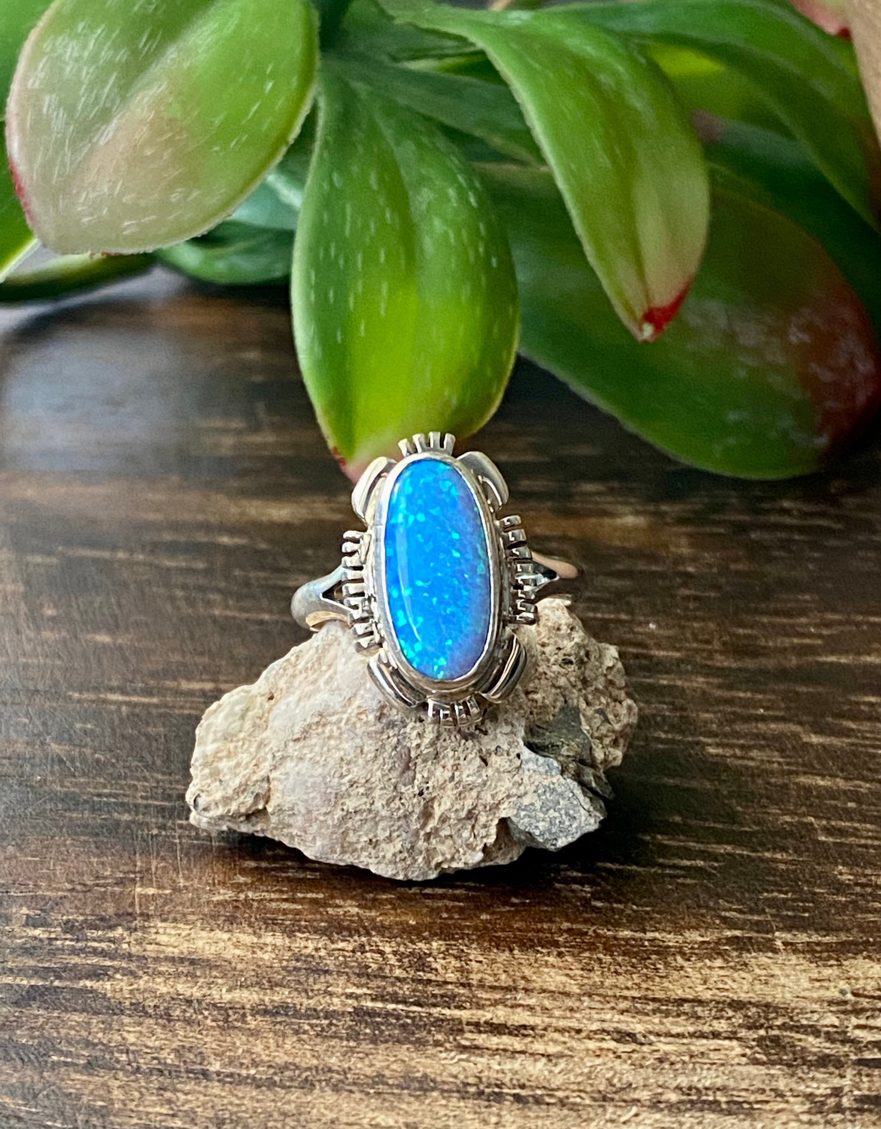 Navajo Made Blue Opal & Sterling Silver Ring Size 6.25