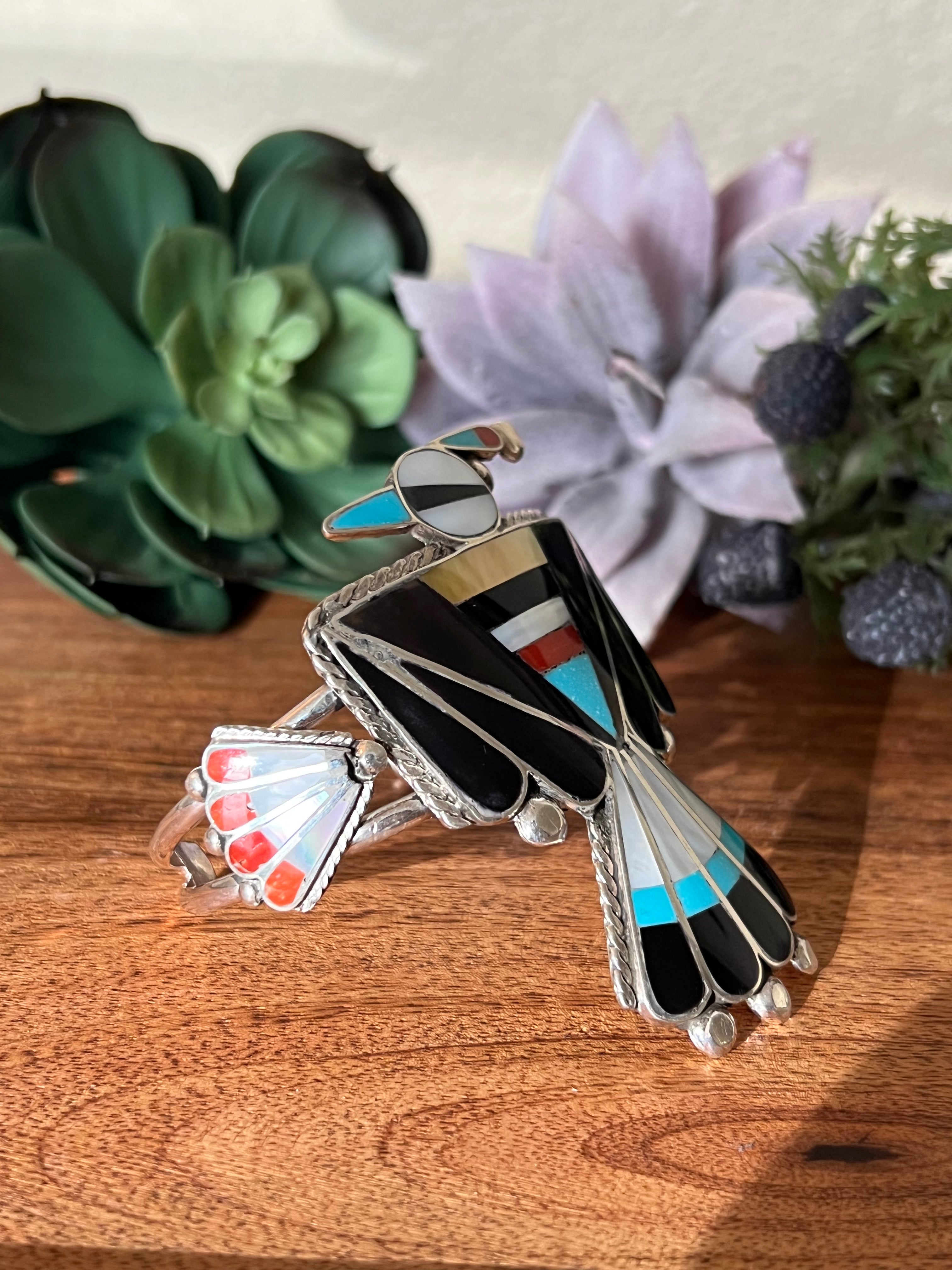 Navajo Made Multi Stone & Sterling Silver Inlay Thunderbird Cuff Bracelet