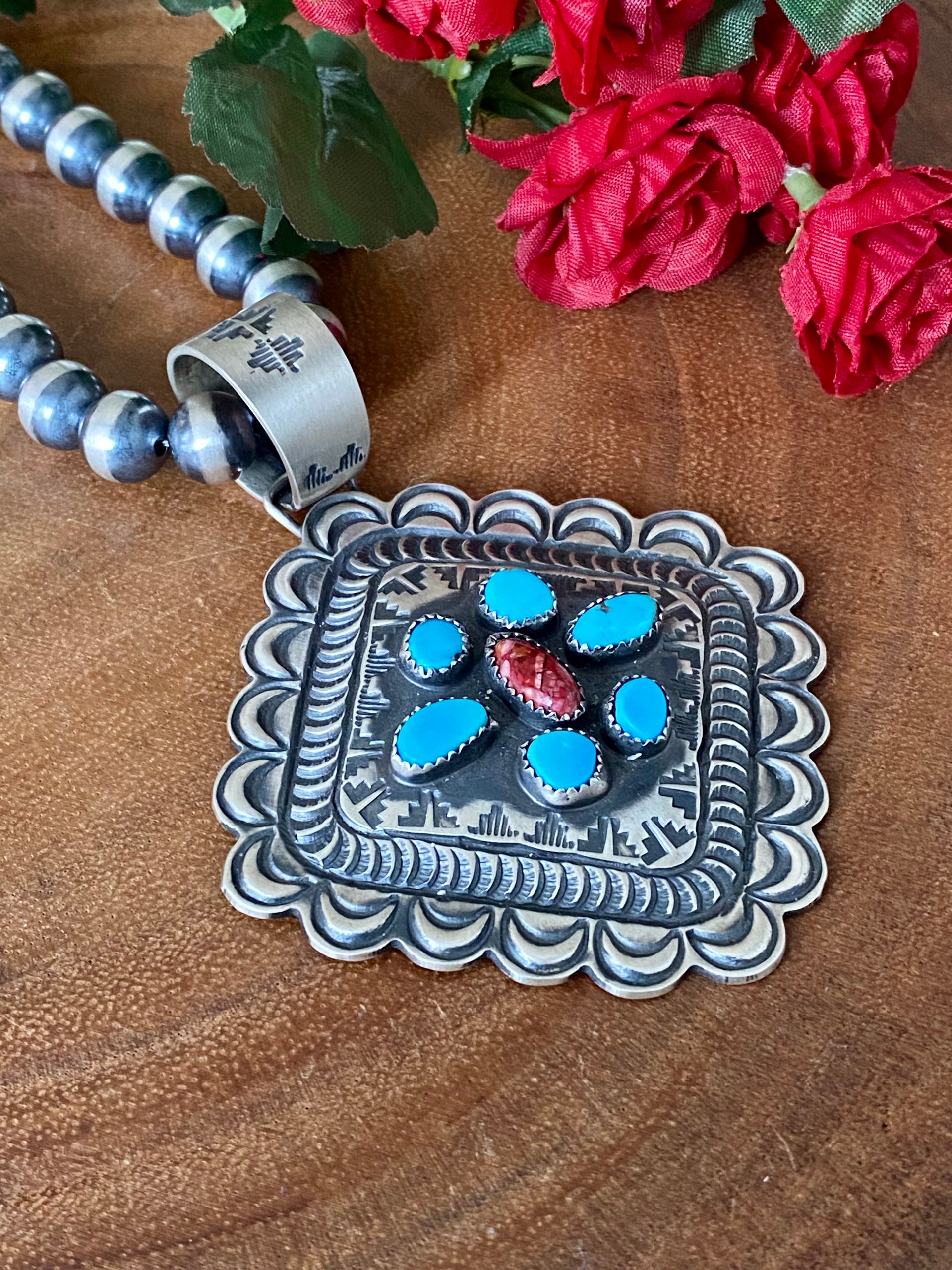 Shawn Cayatineto Kingman Turquoise & Purple Spiny Oyster Sterling Silver Cluster Pendant