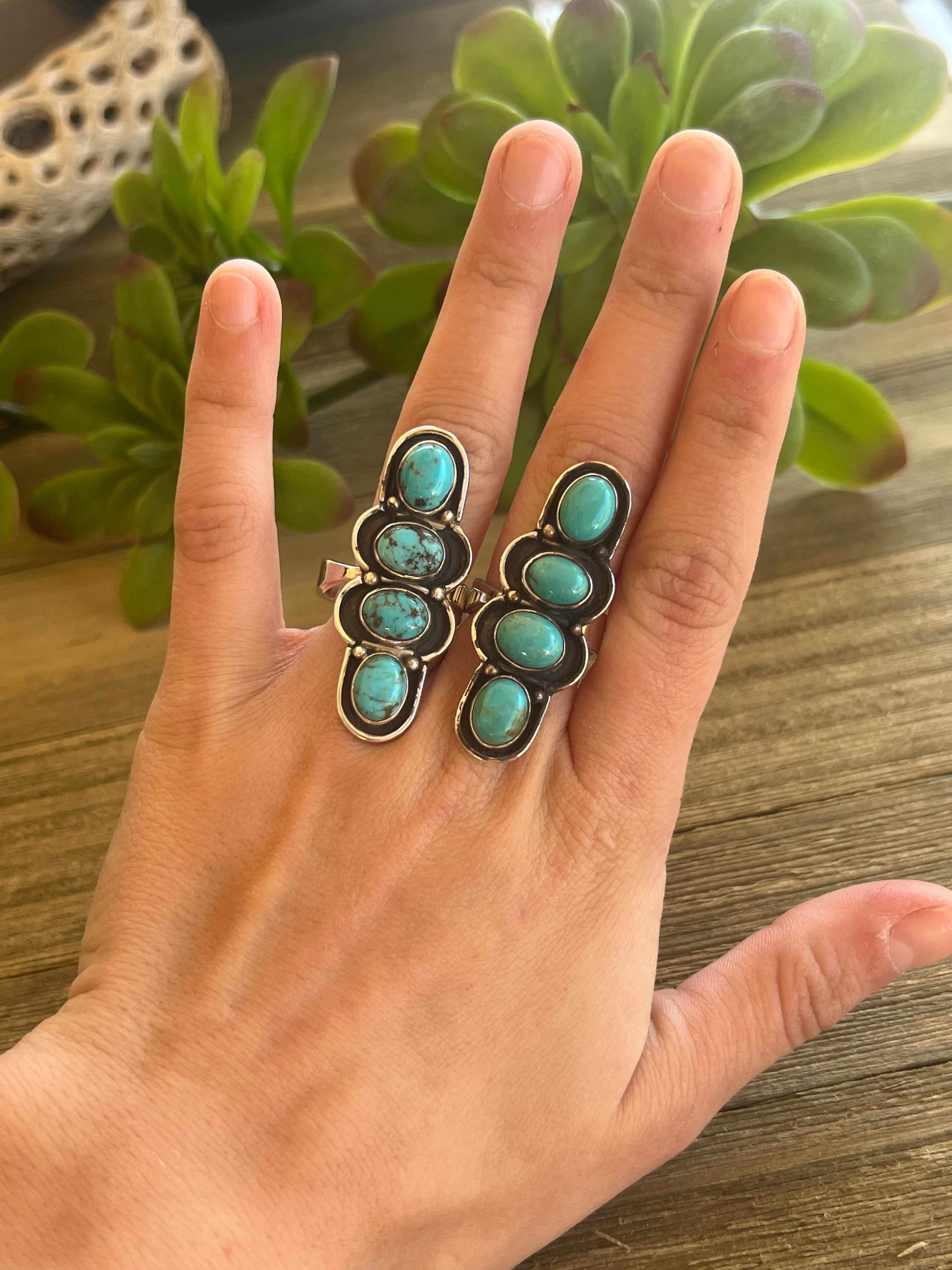 Southwest Made Kingman Turquoise & Sterling Silver Shadowbox Adjustable Ring