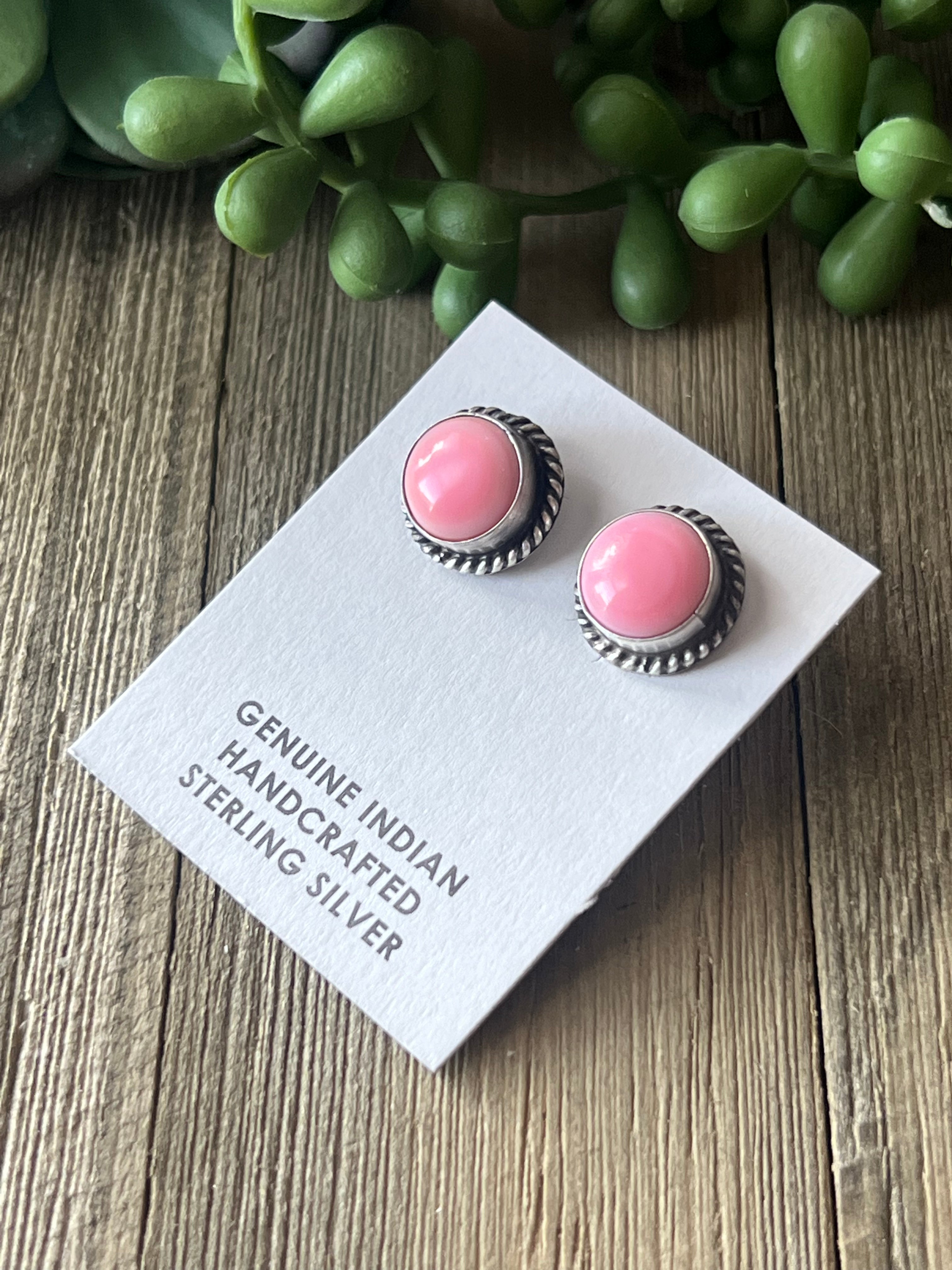 Navajo Made Pink Conch & Sterling Silver Post Earrings