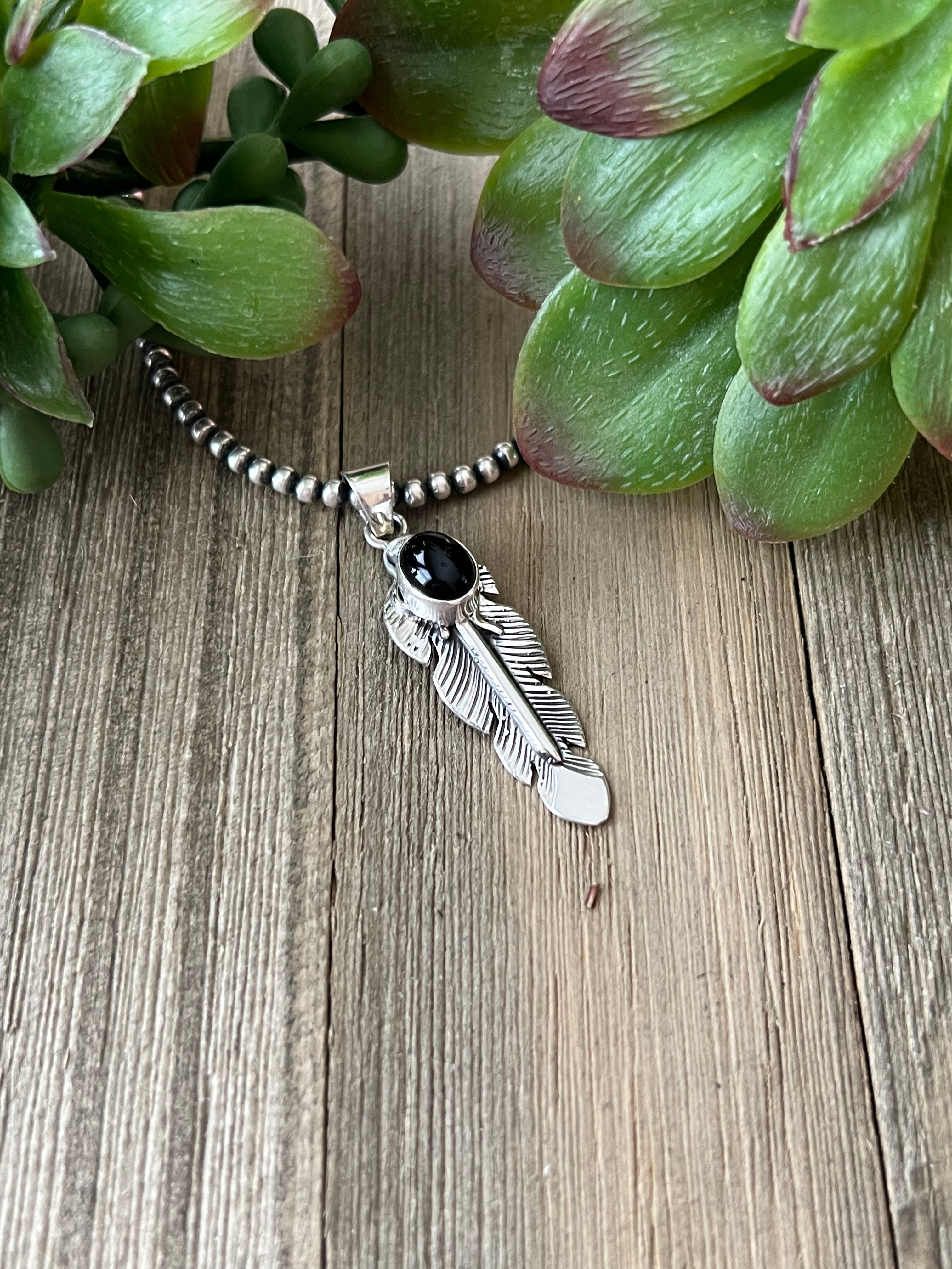 Jereme Delgarito Onyx & Sterling Silver Feather Pendant