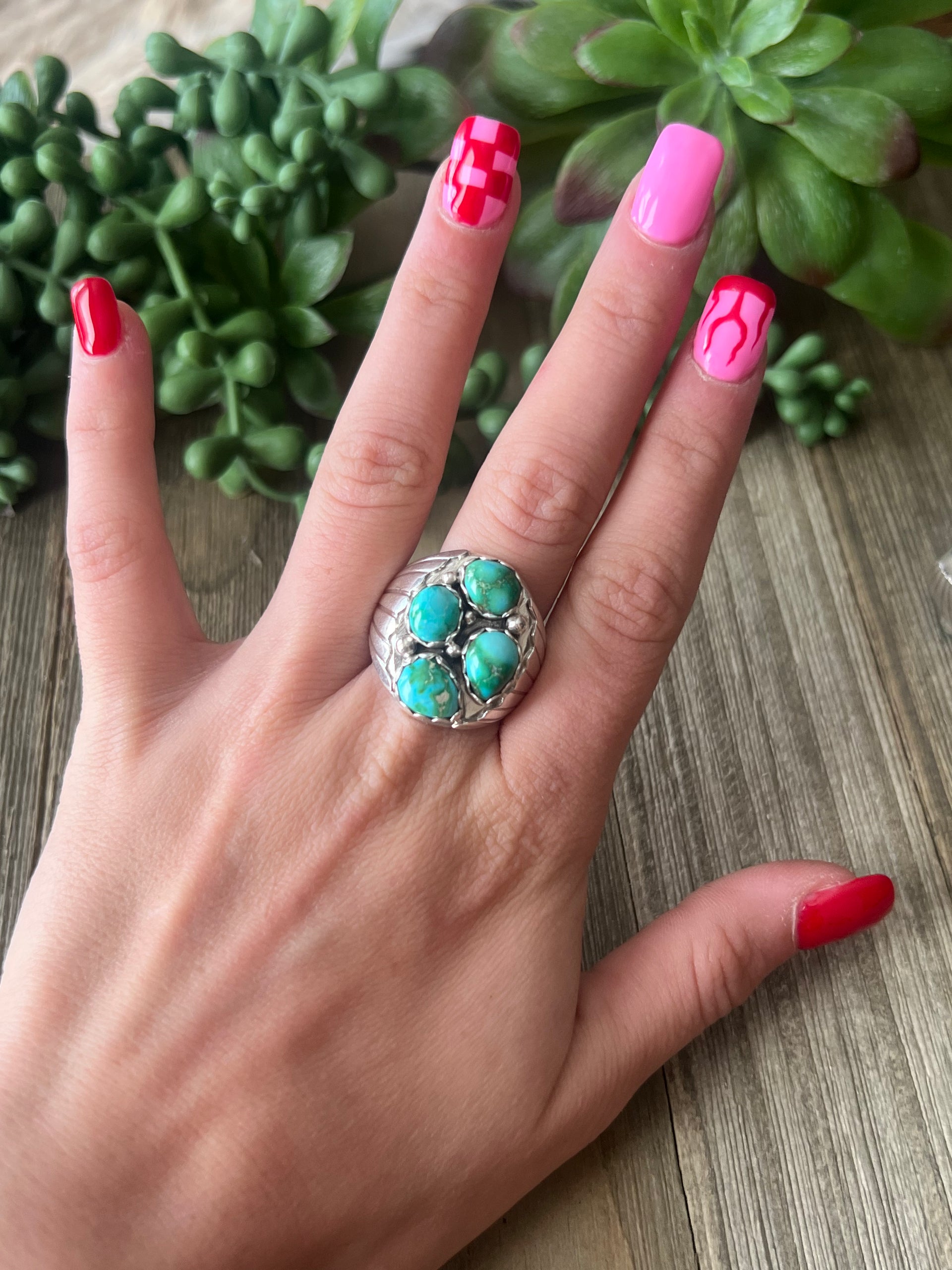 Navajo Made Sonoran Mountain Turquoise & Sterling Silver Ring Size 10.5