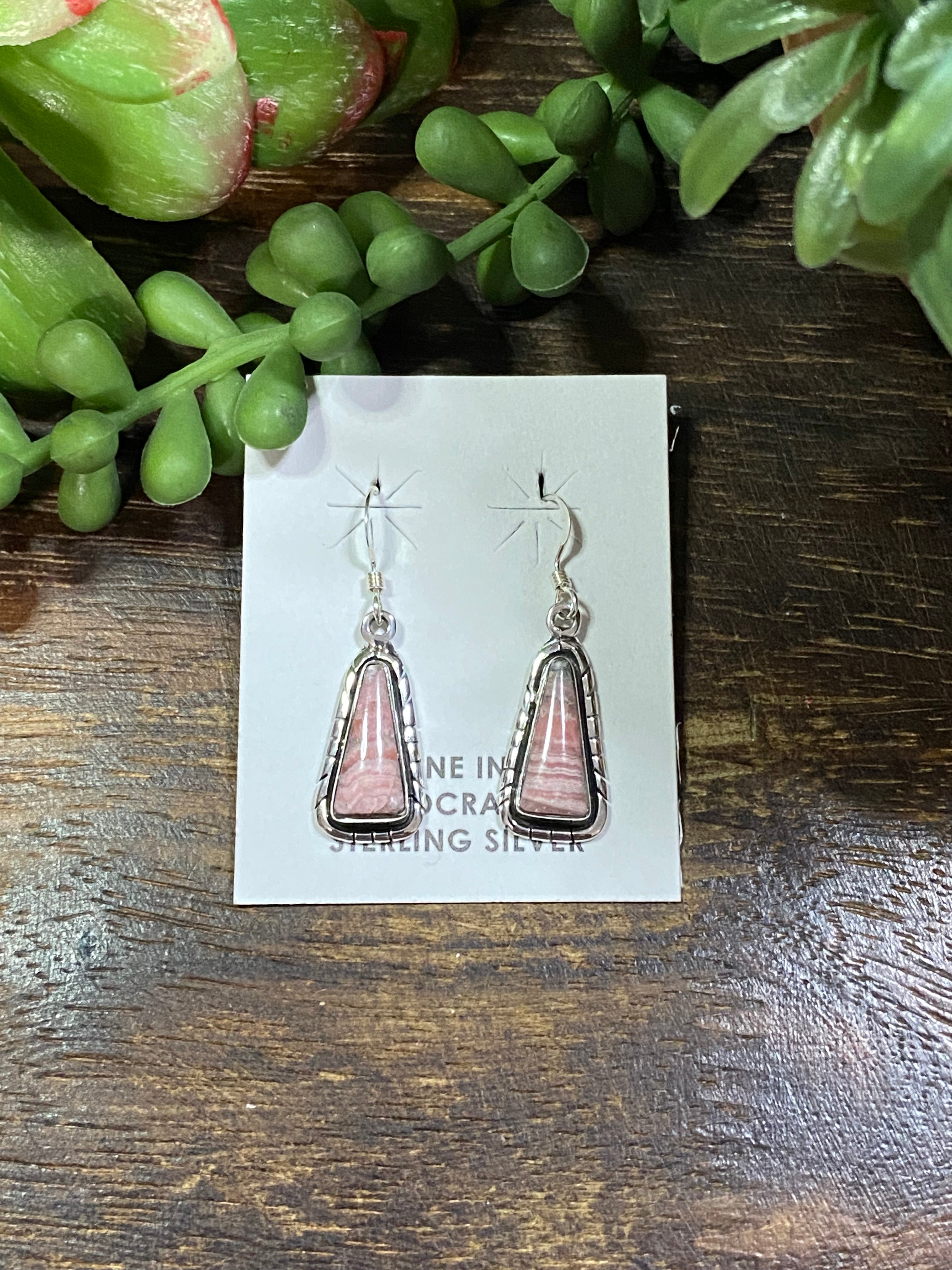 Navajo Made Rhodochrosite & Sterling Silver Dangle Earrings