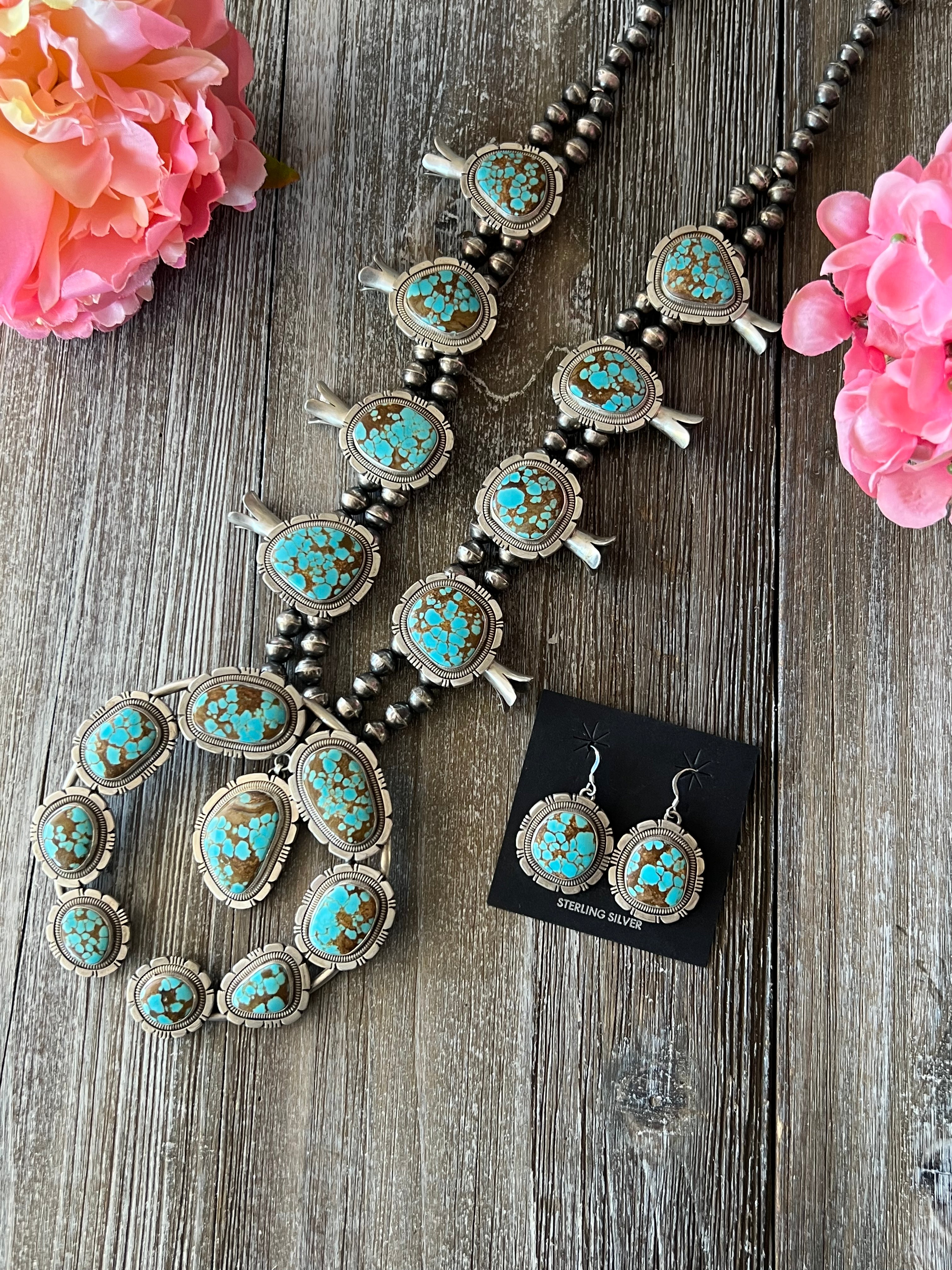 Wydell Billie # 8 Turquoise & Sterling Silver Squash Blossom Necklace Set