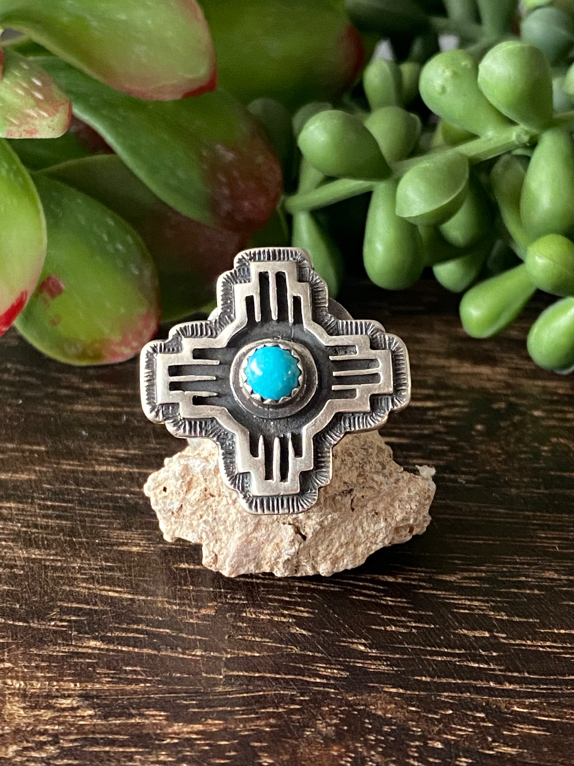 Navajo Made Kingman Turquoise & Sterling Silver Zia Rings