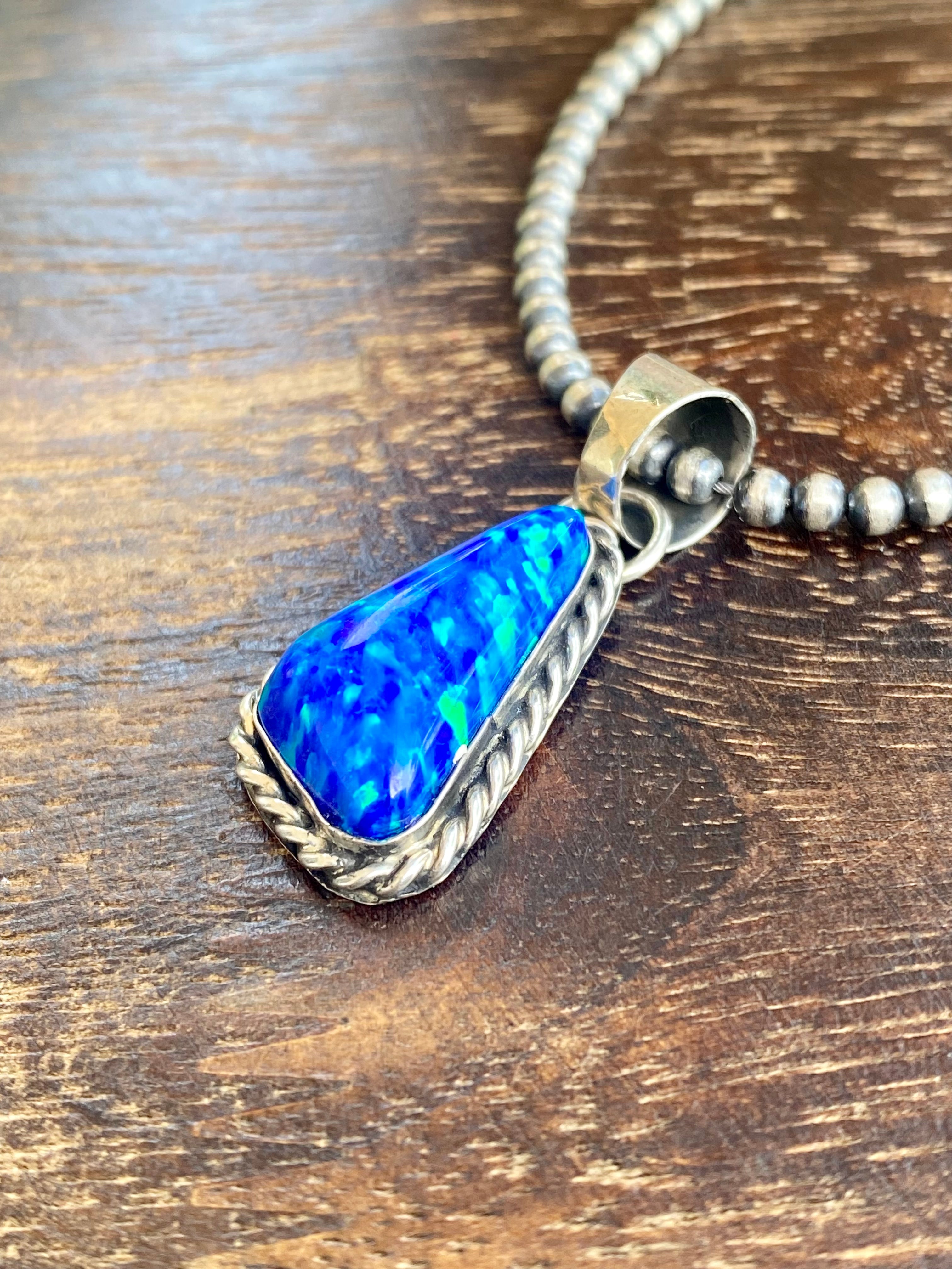 Navajo Made Blue Opal & Sterling Silver Pendant