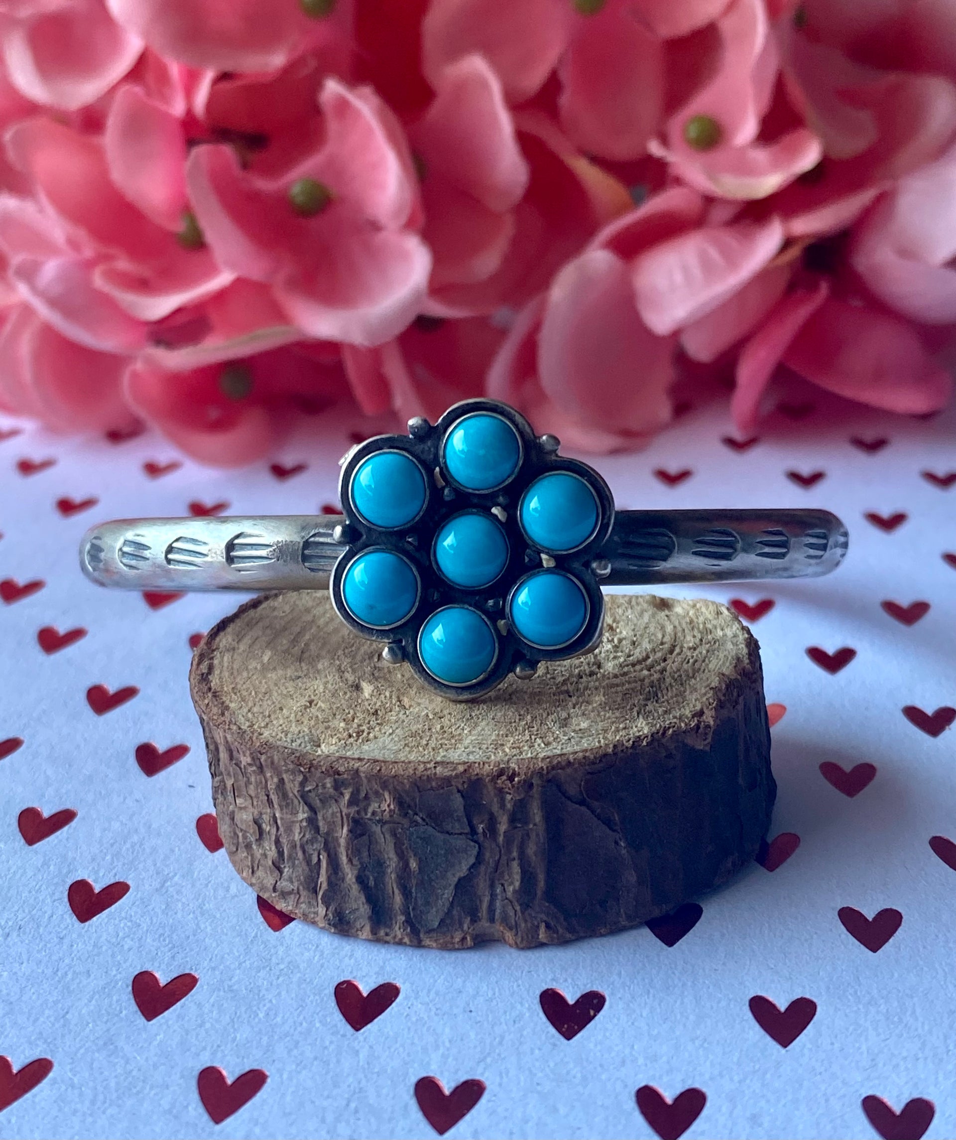 Navajo Made Turquoise & Sterling Silver Cluster Cuff Bracelet