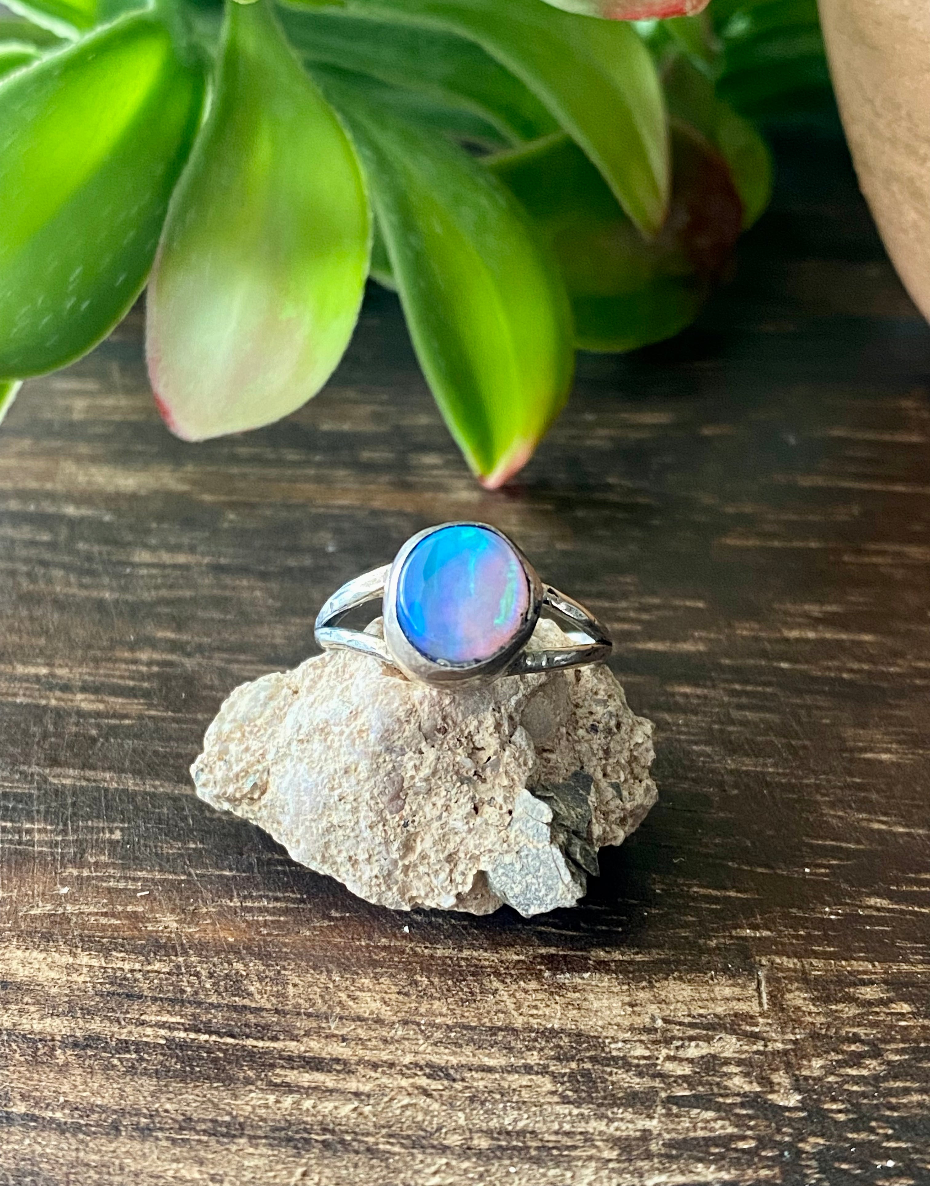 Navajo Made Blue Opal & Sterling Silver Ring Size 5.5