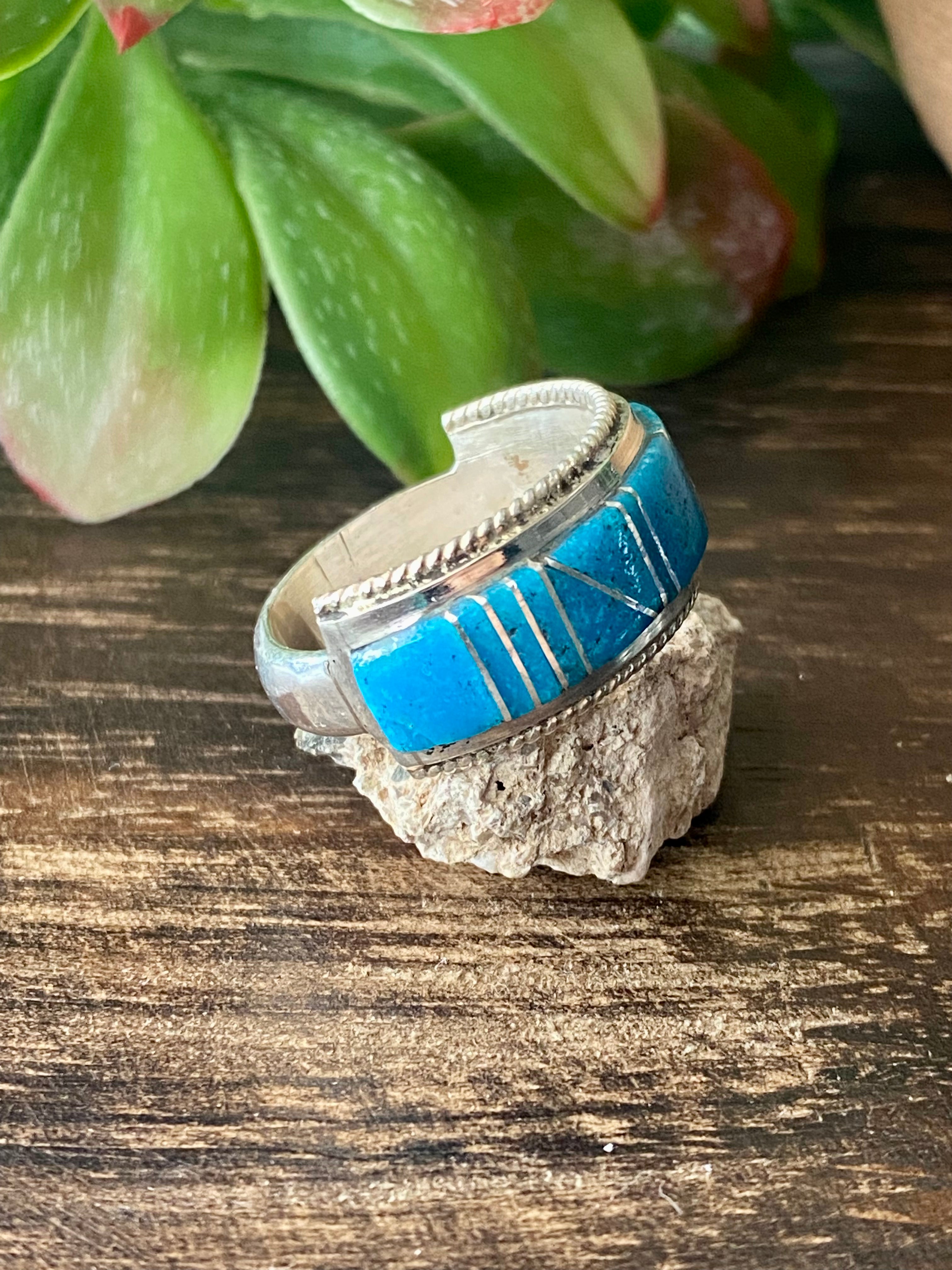Navajo Made Kingman Turquoise & Sterling Silver Inlay Ring Size 11.5