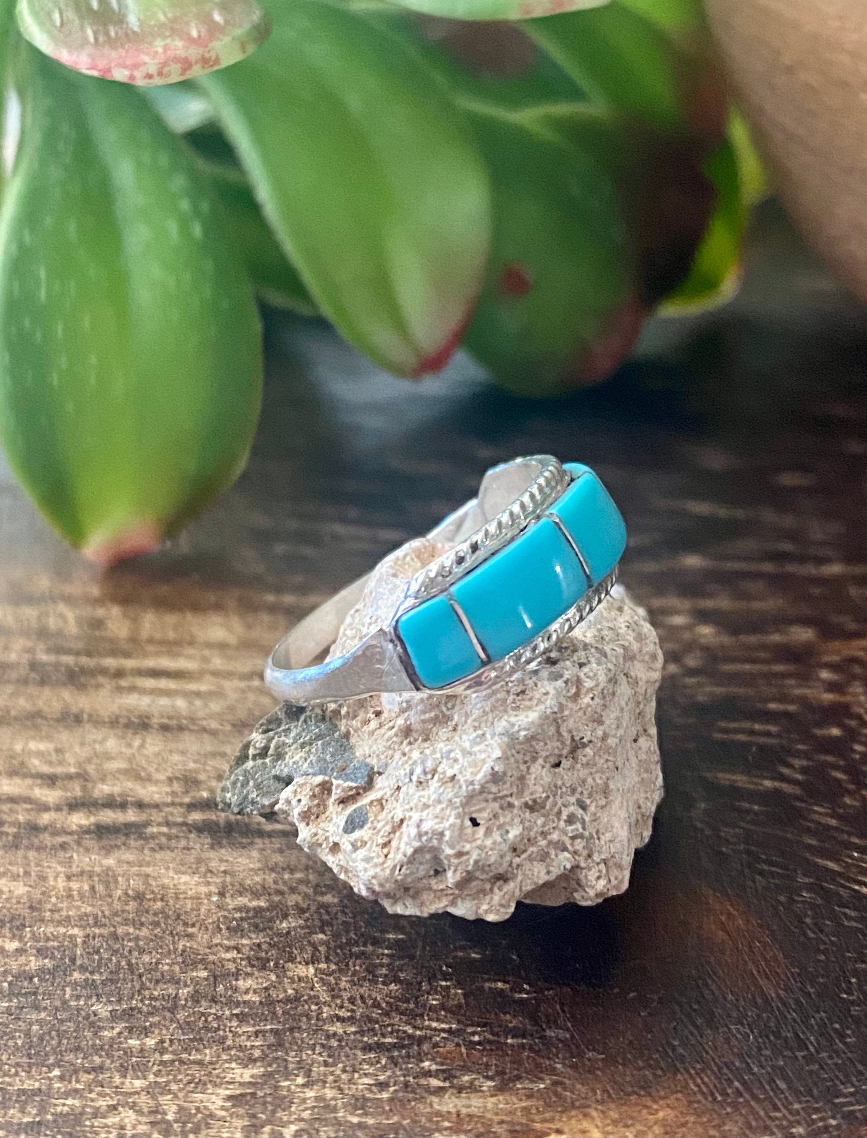 Navajo Made Turquoise & Sterling Silver Inlay Ring Size