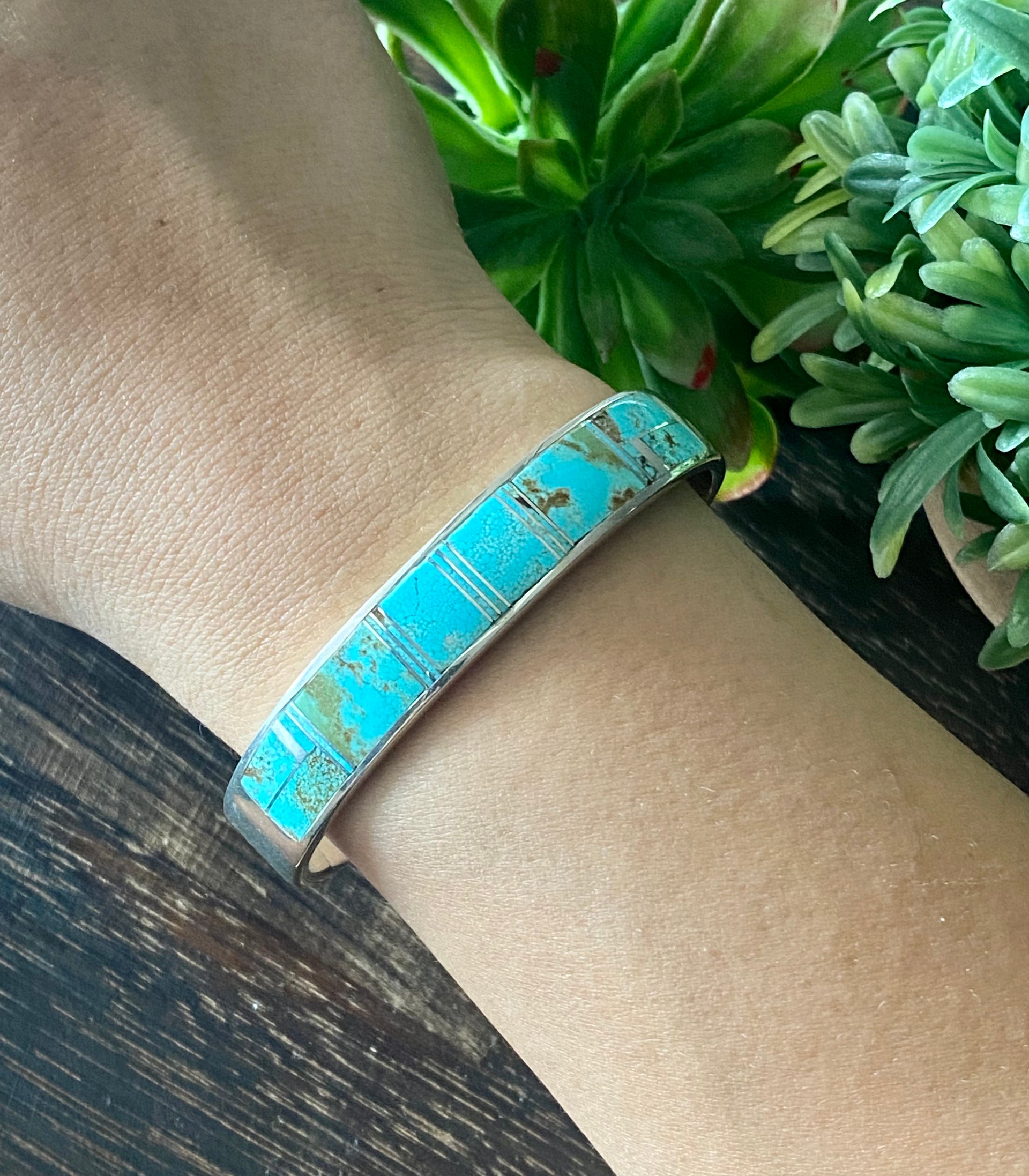 Navajo Made #8 Turquoise & Sterling Silver Inlay Cuff Bracelet