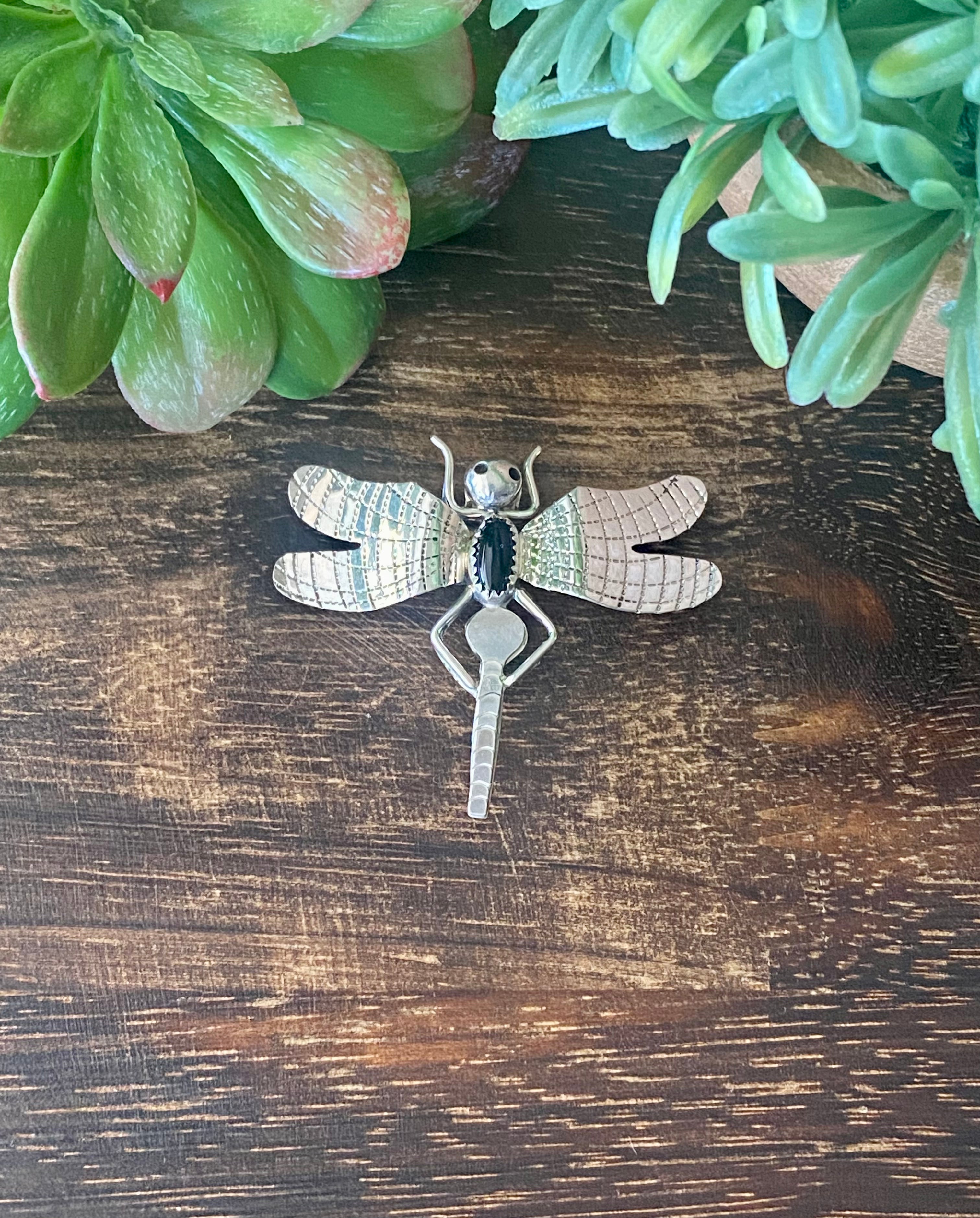 Navajo Made Onyx & Sterling Silver Dragonfly Pin