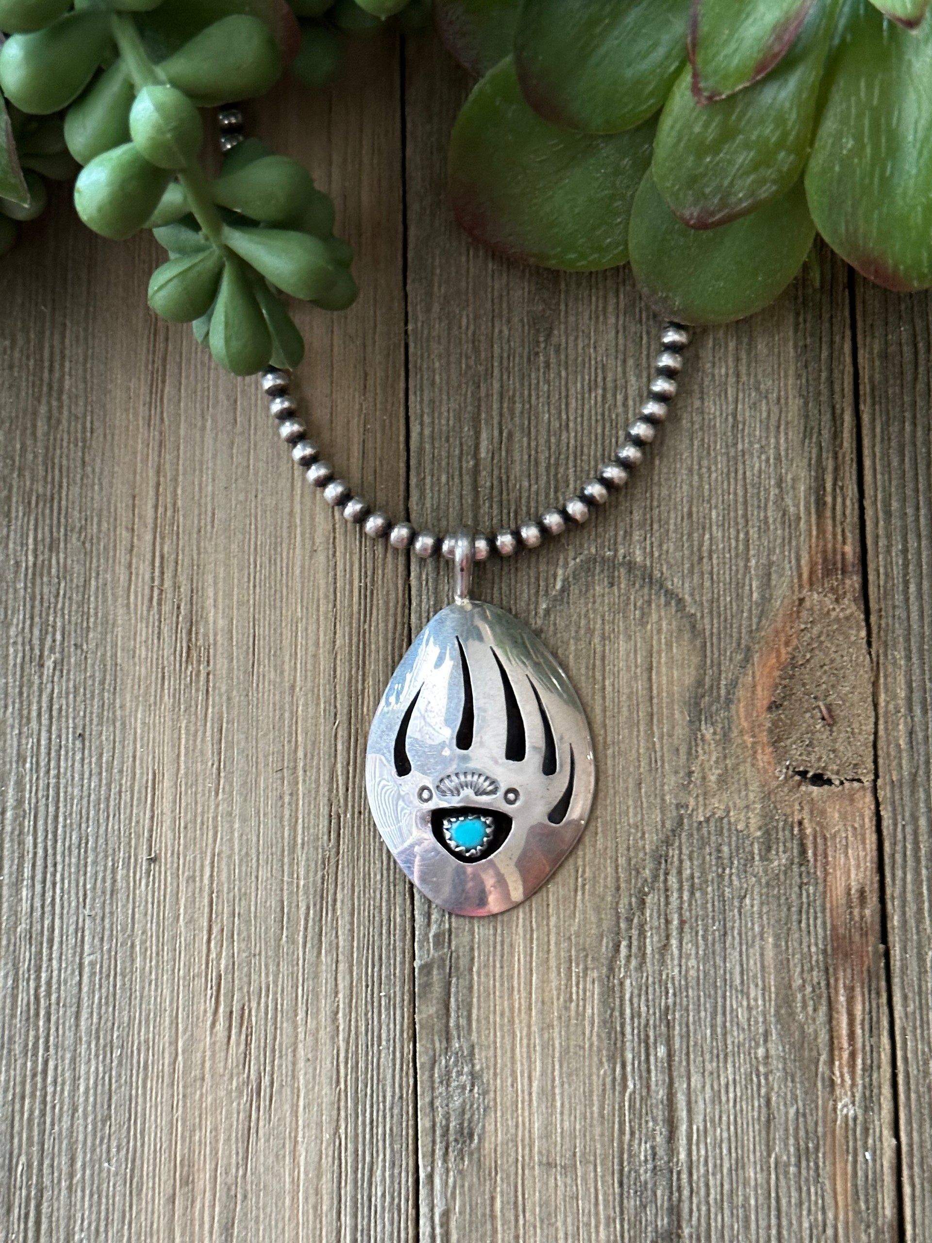 Navajo Made Kingman Turquoise & Sterling Silver Bear Claw Pendant