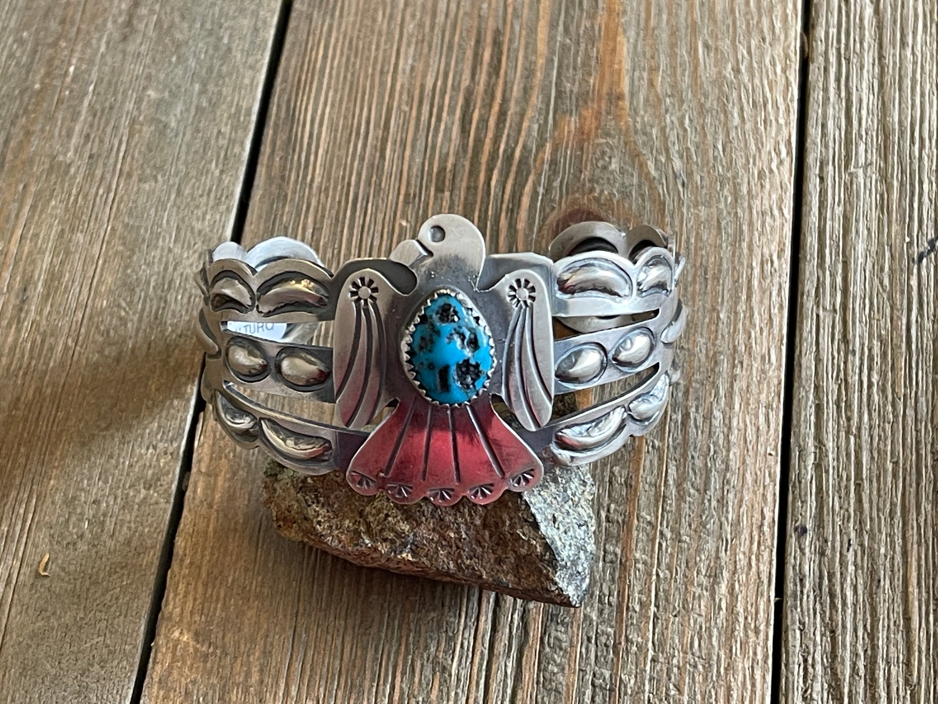 Tim Yazzie Kingman Turquoise & Sterling Silver Thunderbird Cuff Bracelet
