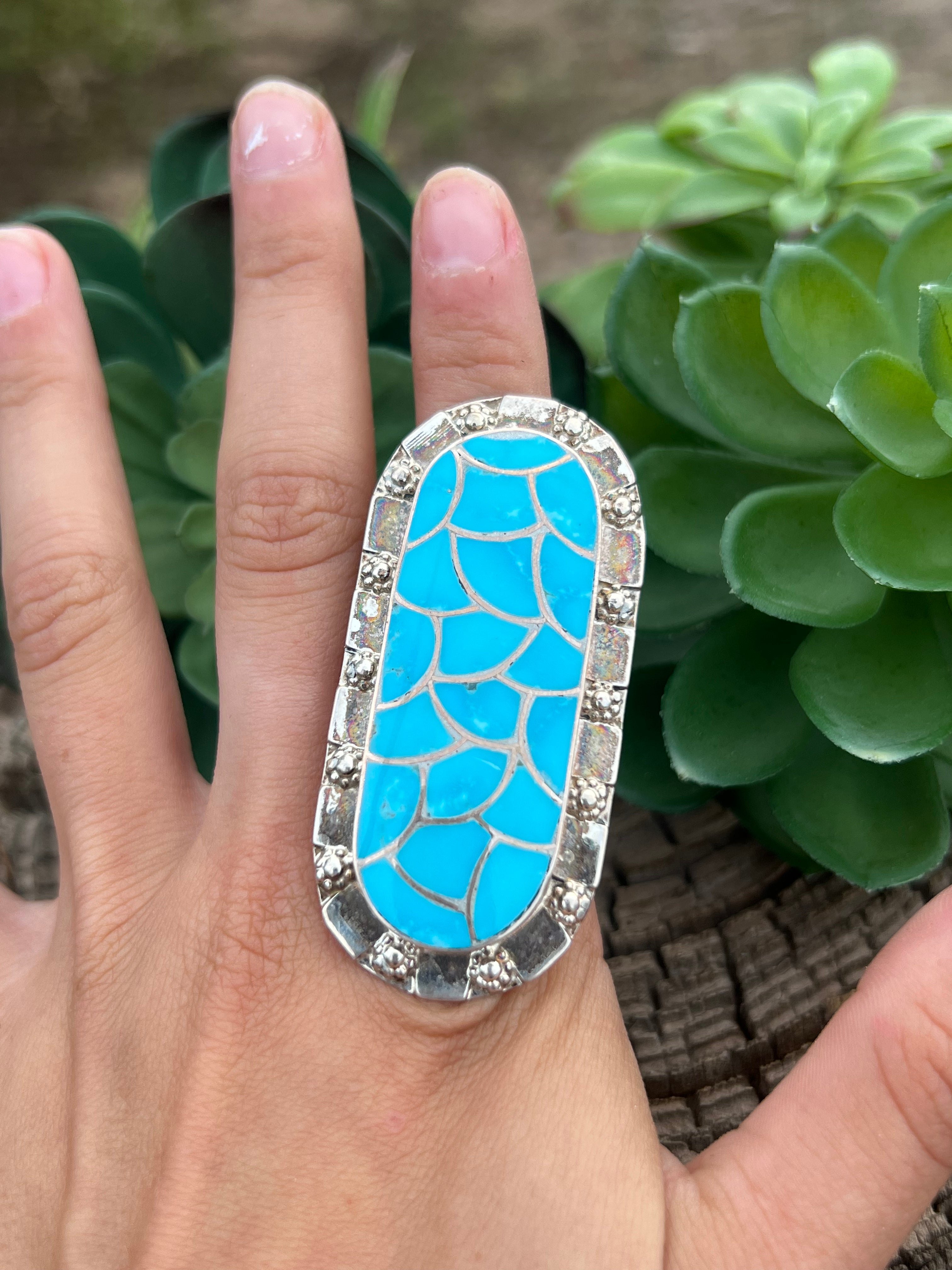 Zuni Turquoise & Sterling Silver Inlay Ring Size 6