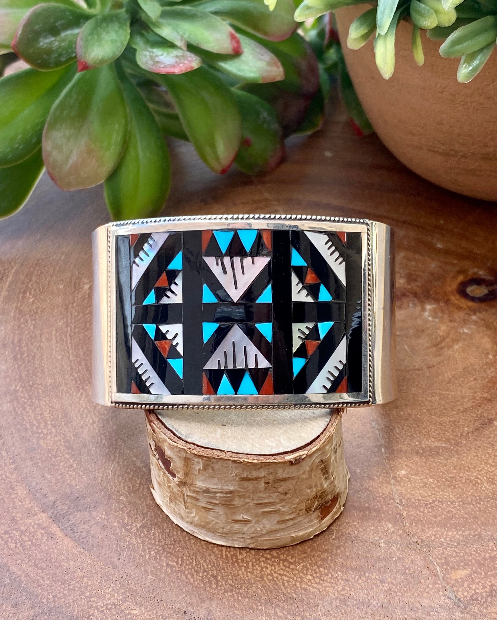 Leander & Lisa Othole Zuni Multi Stone & Sterling Silver Inlay Cuff Br