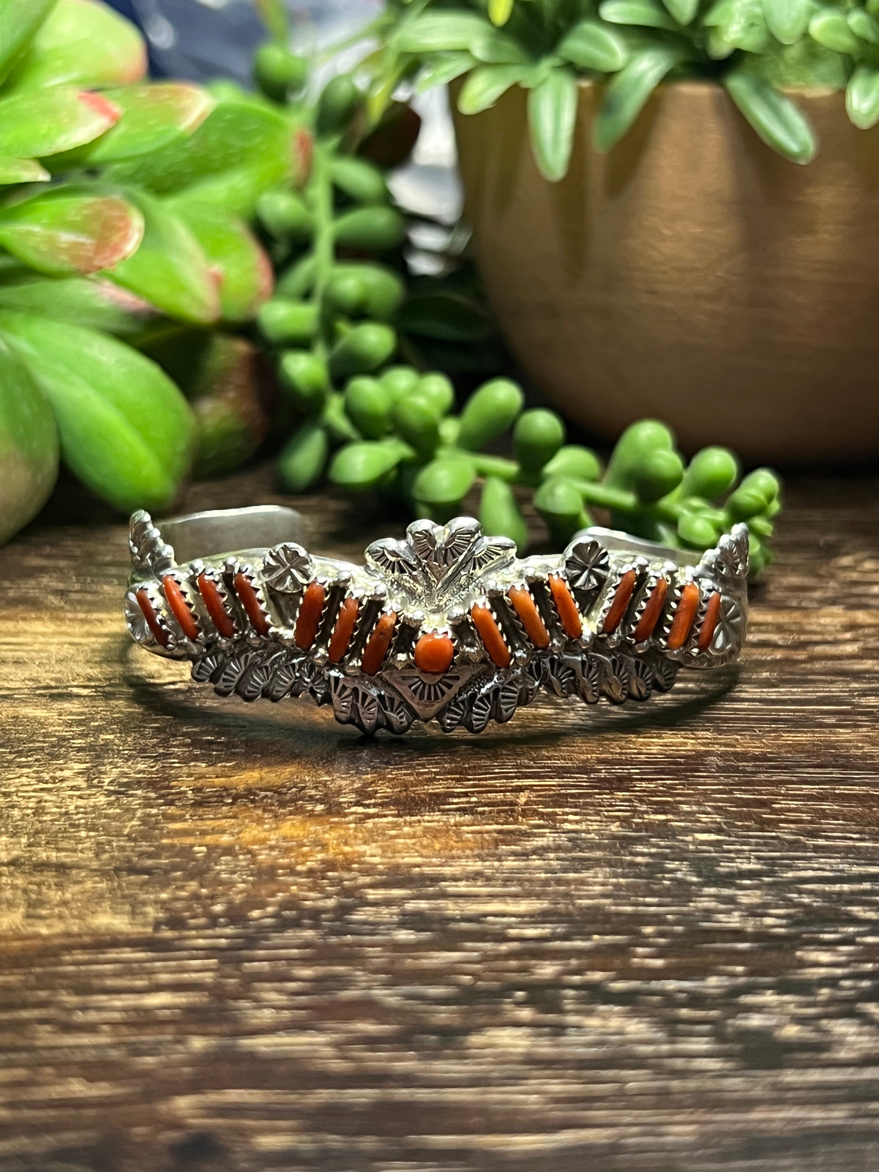 Navajo Made Coral & Sterling Silver Cuff Bracelet