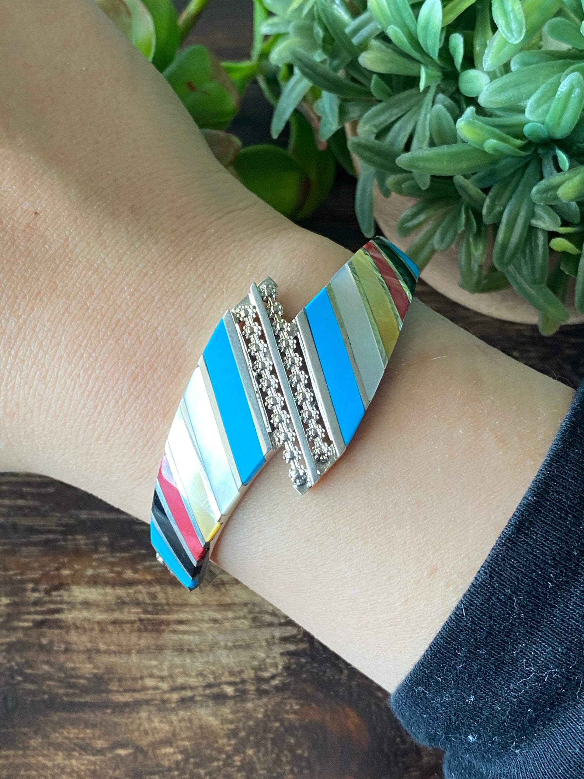 Zuni Made Multi Stone & Sterling Silver Inlay Cuff Bracelet