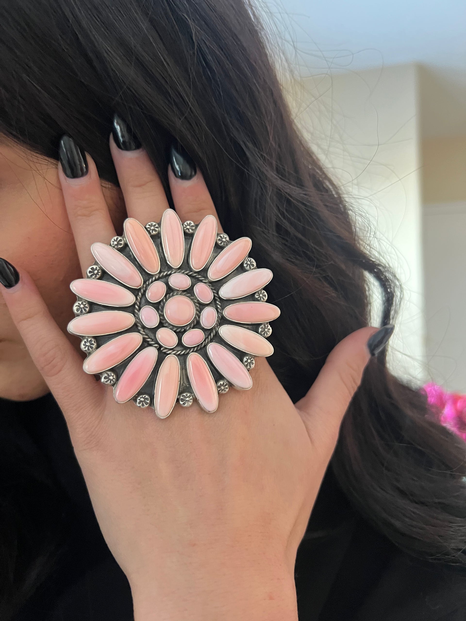 Navajo Made Pink Conch & Sterling Silver Adjustable Ring