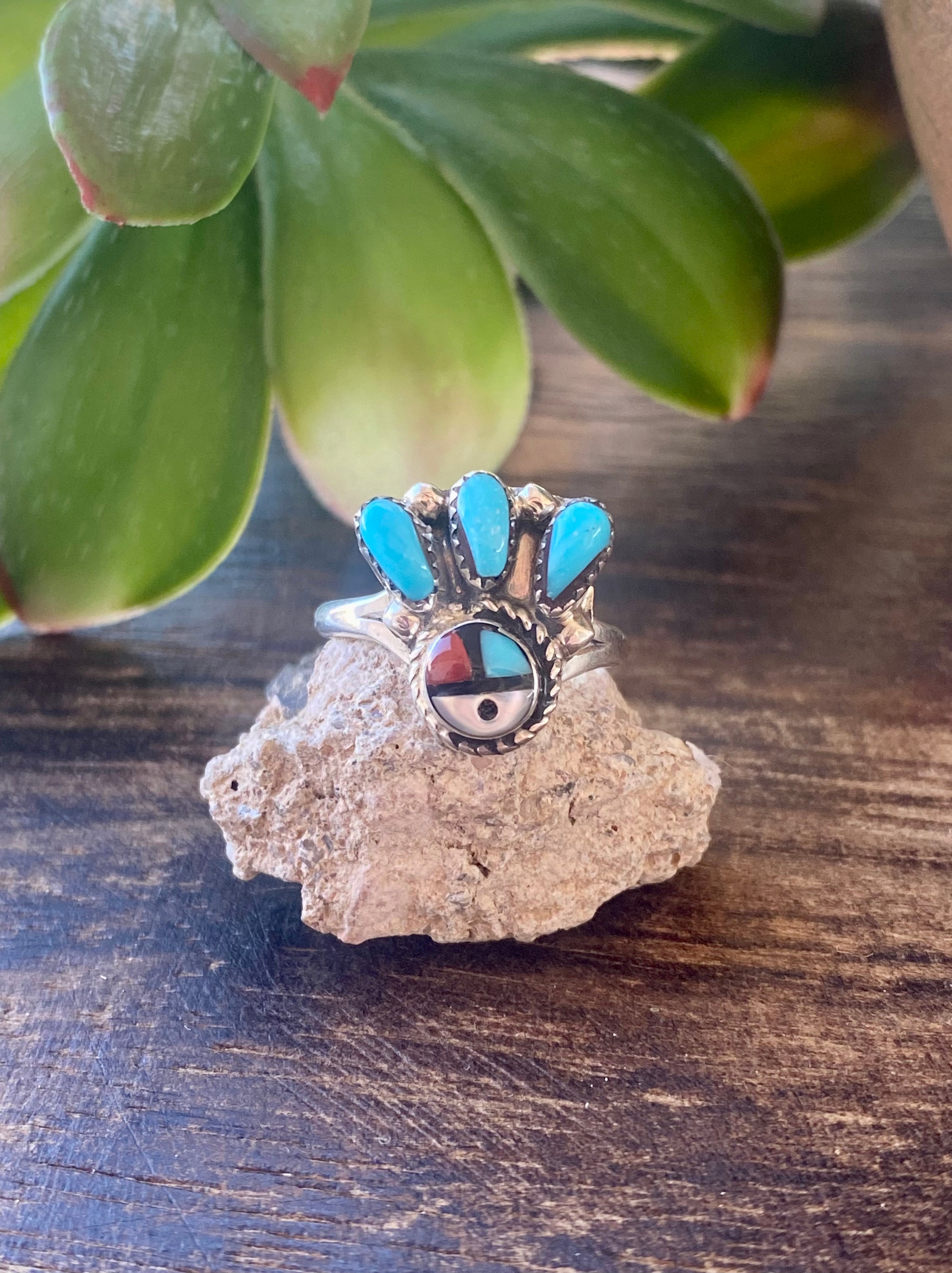 Zuni Made Multi Stone & Sterling Silver Sunface Ring