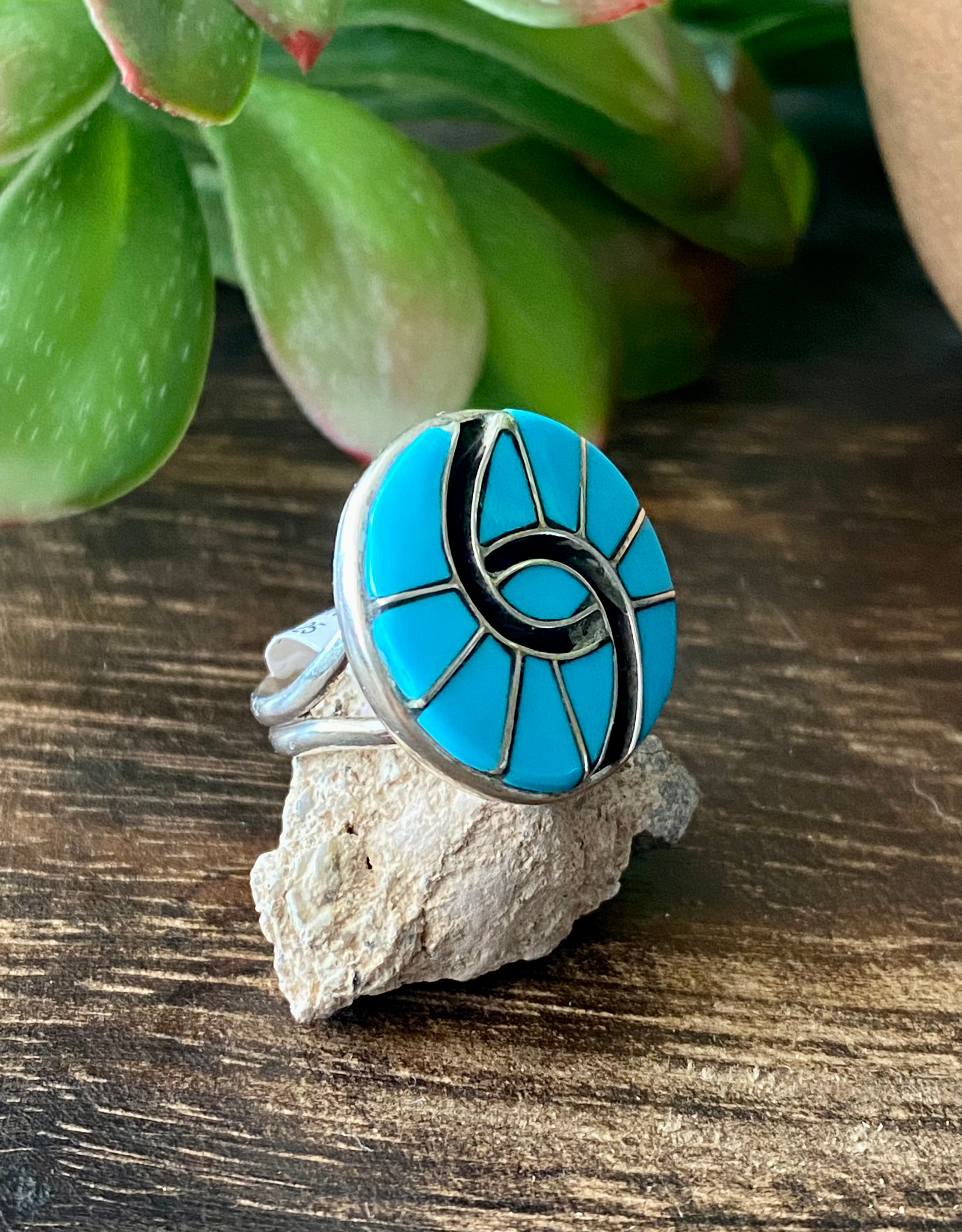 Amy Locaspino Kingman Turquoise & Sterling Silver Inlay Ring Size 7