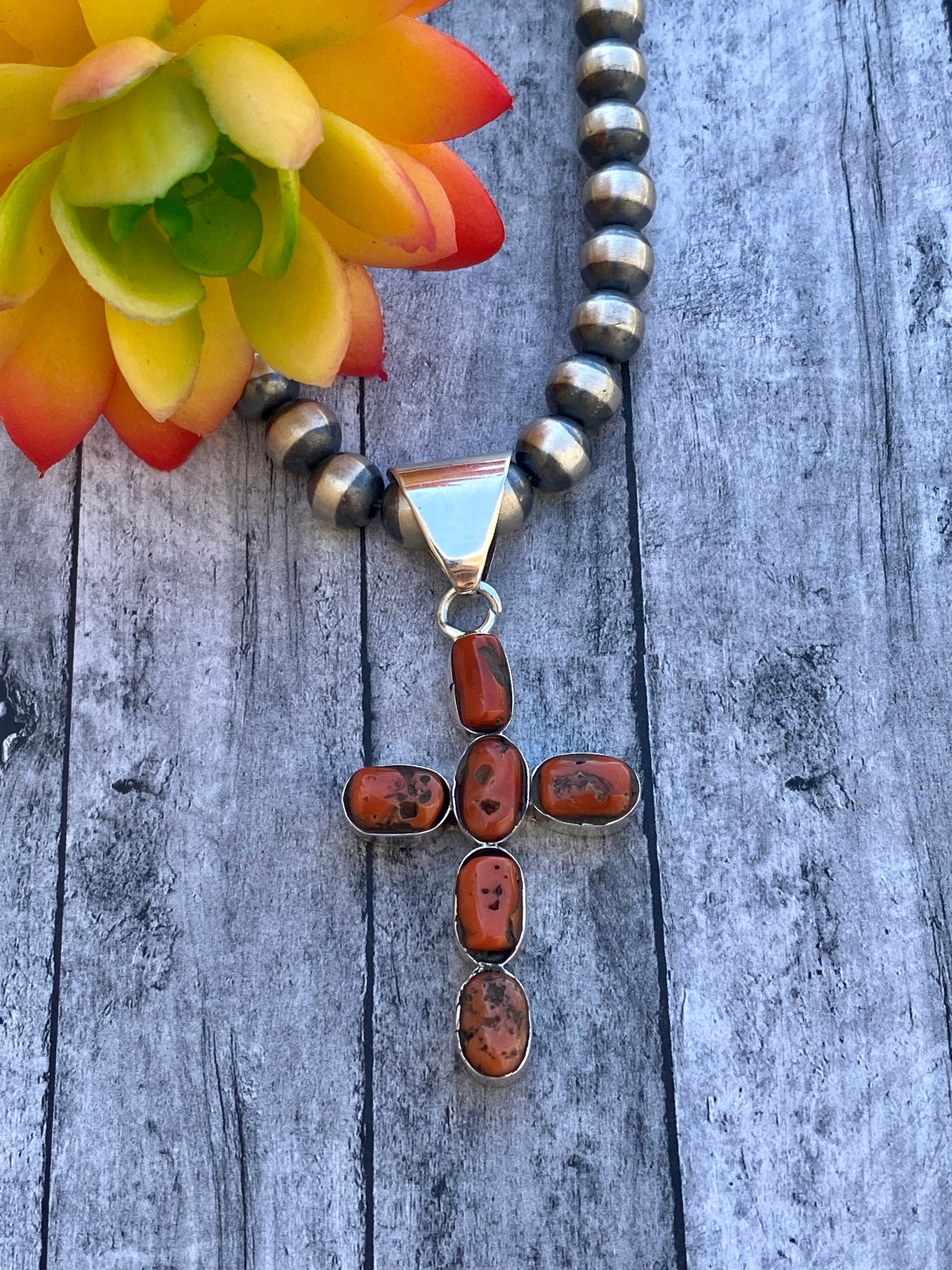 Navajo Made Coral & Sterling Silver Cross Pendant