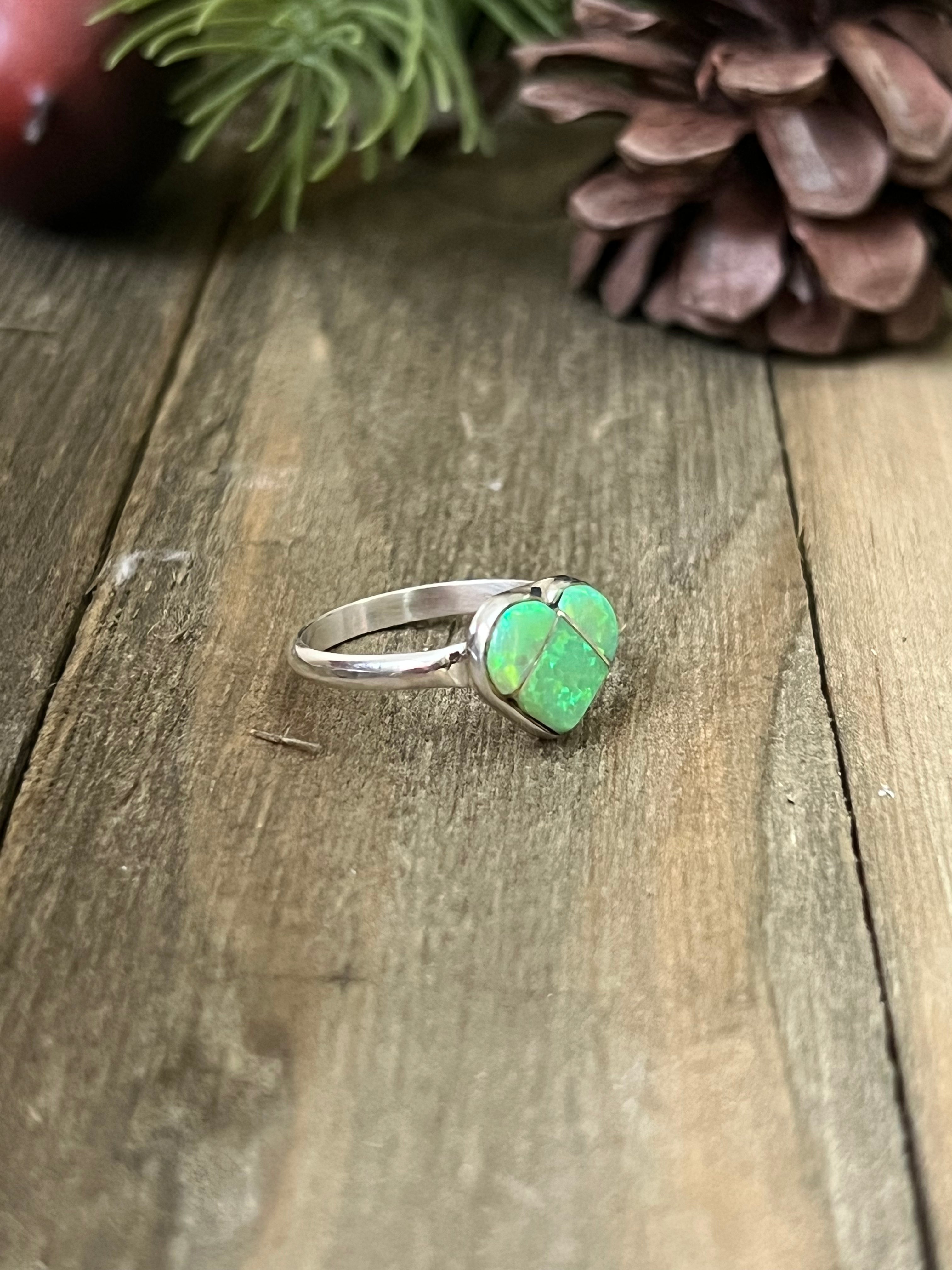 Zuni Made Green Opal (Man Made) & Sterling Silver Ring Size 5.75