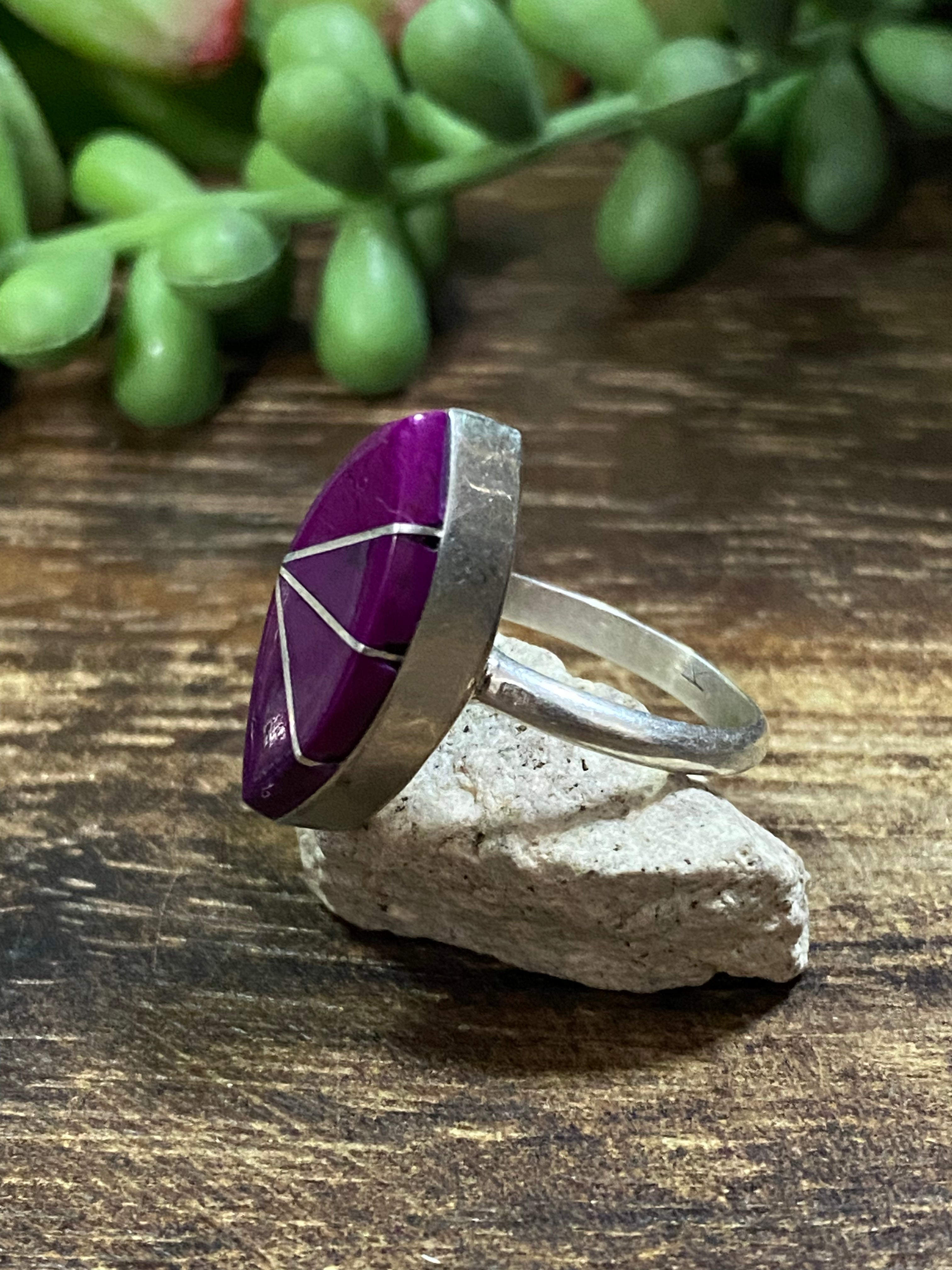 Navajo Made Suglite & Sterling Silver Inlay Ring Size 5.5