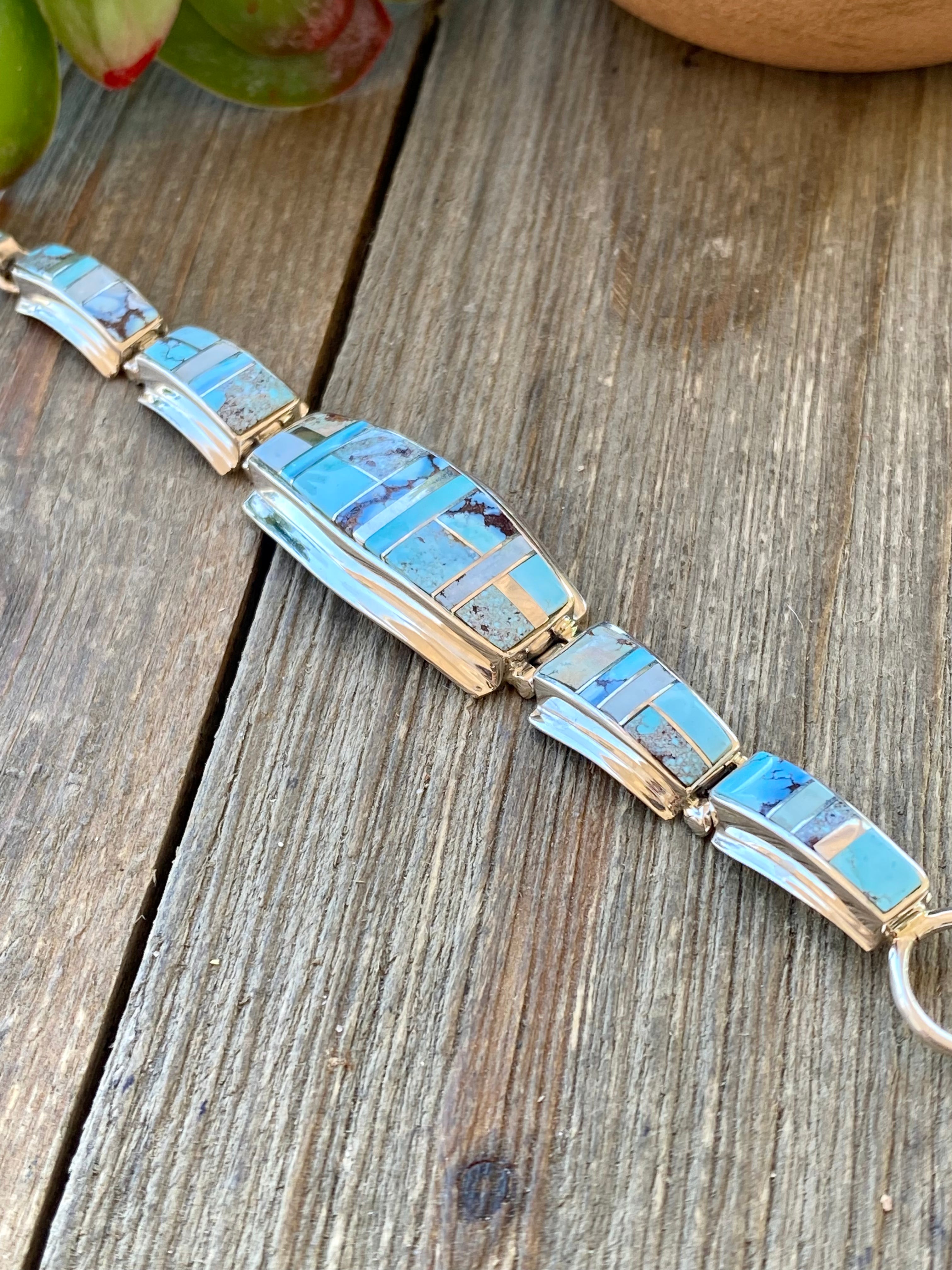 Stanley Manygoats Natural Golden Hill’s Turquoise & Sterling Silver Inlay Link Bracelet