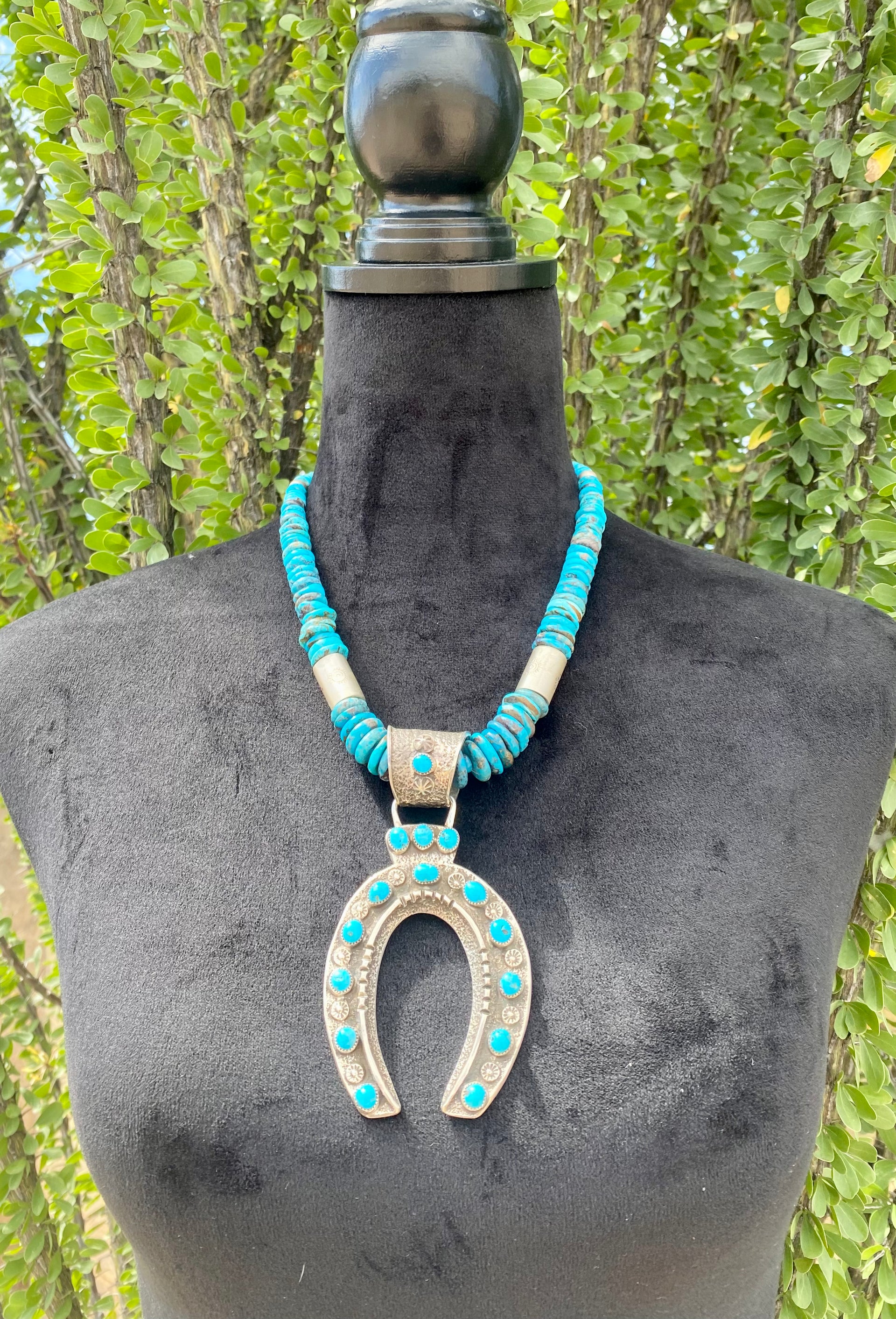 Delbert Arviso Kingman Turquoise & Sterling Silver Horseshoe Tufa Cast Necklace