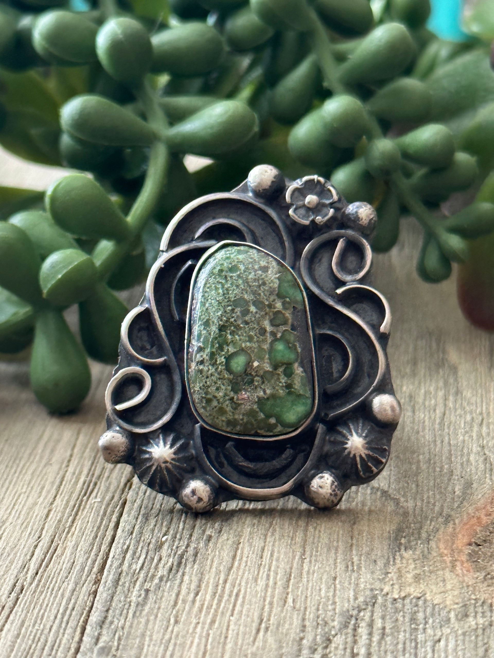 Navajo Made Sonoran Gold Turquoise & Sterling Silver Ring Size 9.