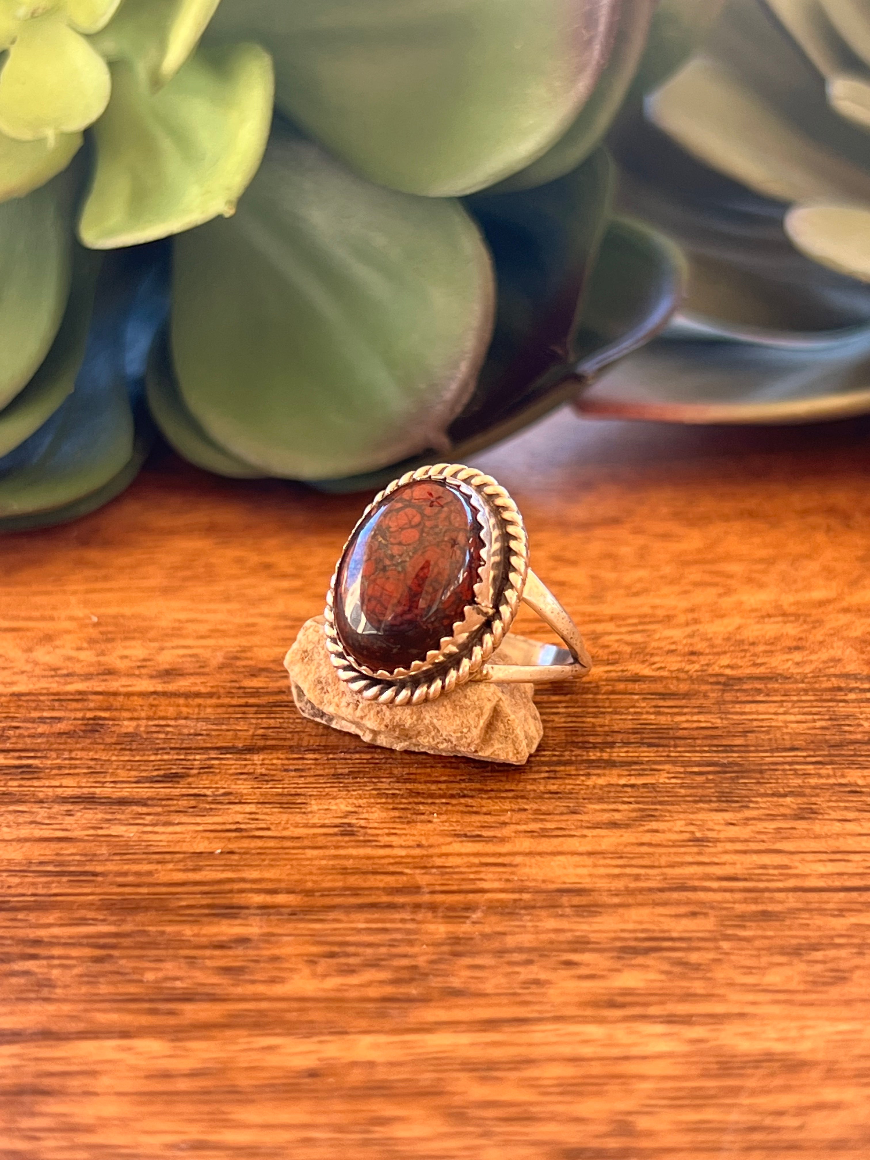 Navajo Made Blood Red & Sterling Silver Ring Size 7.75