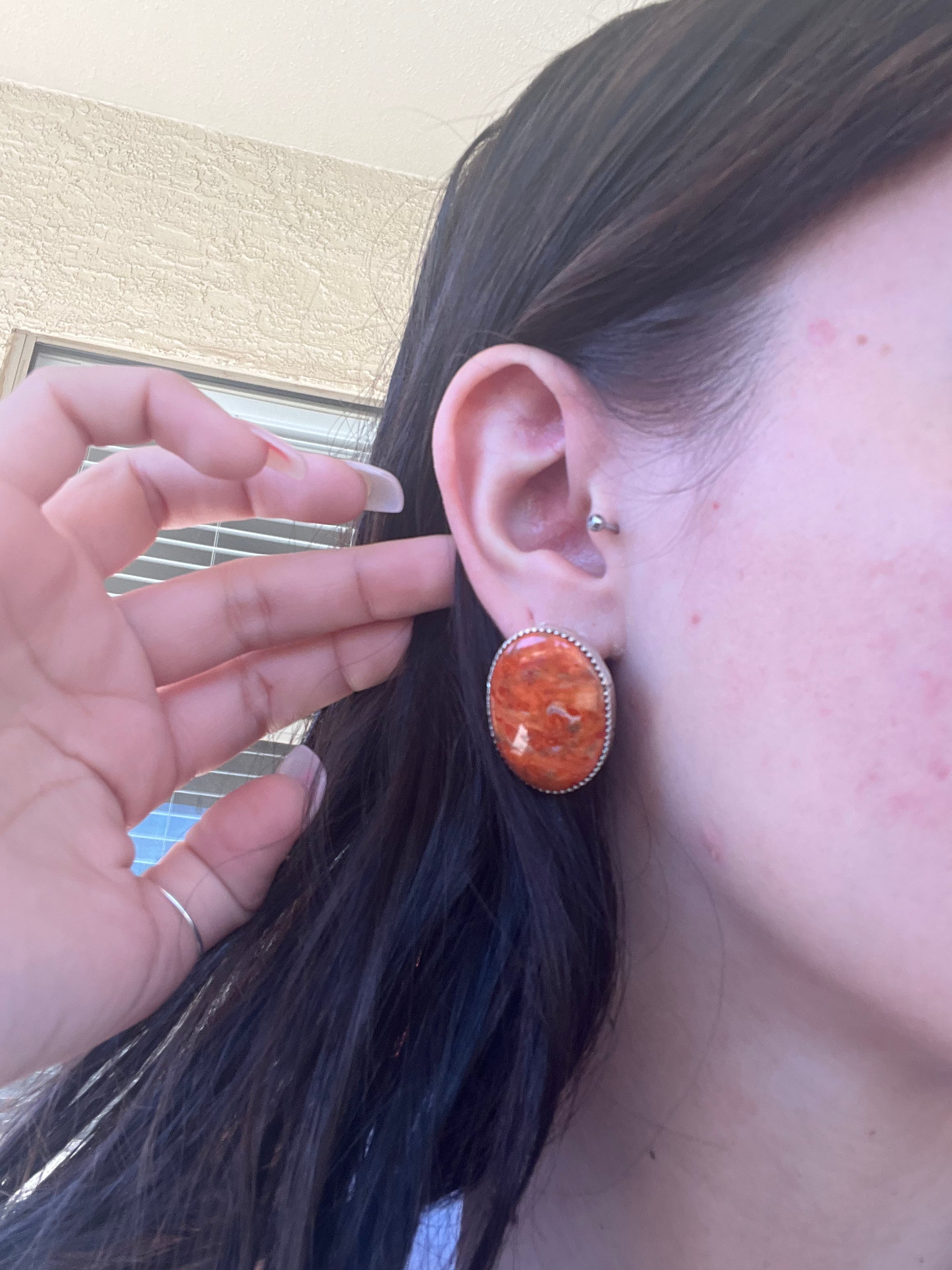 Navajo Made Apple Coral & Sterling Silver Post Earrings