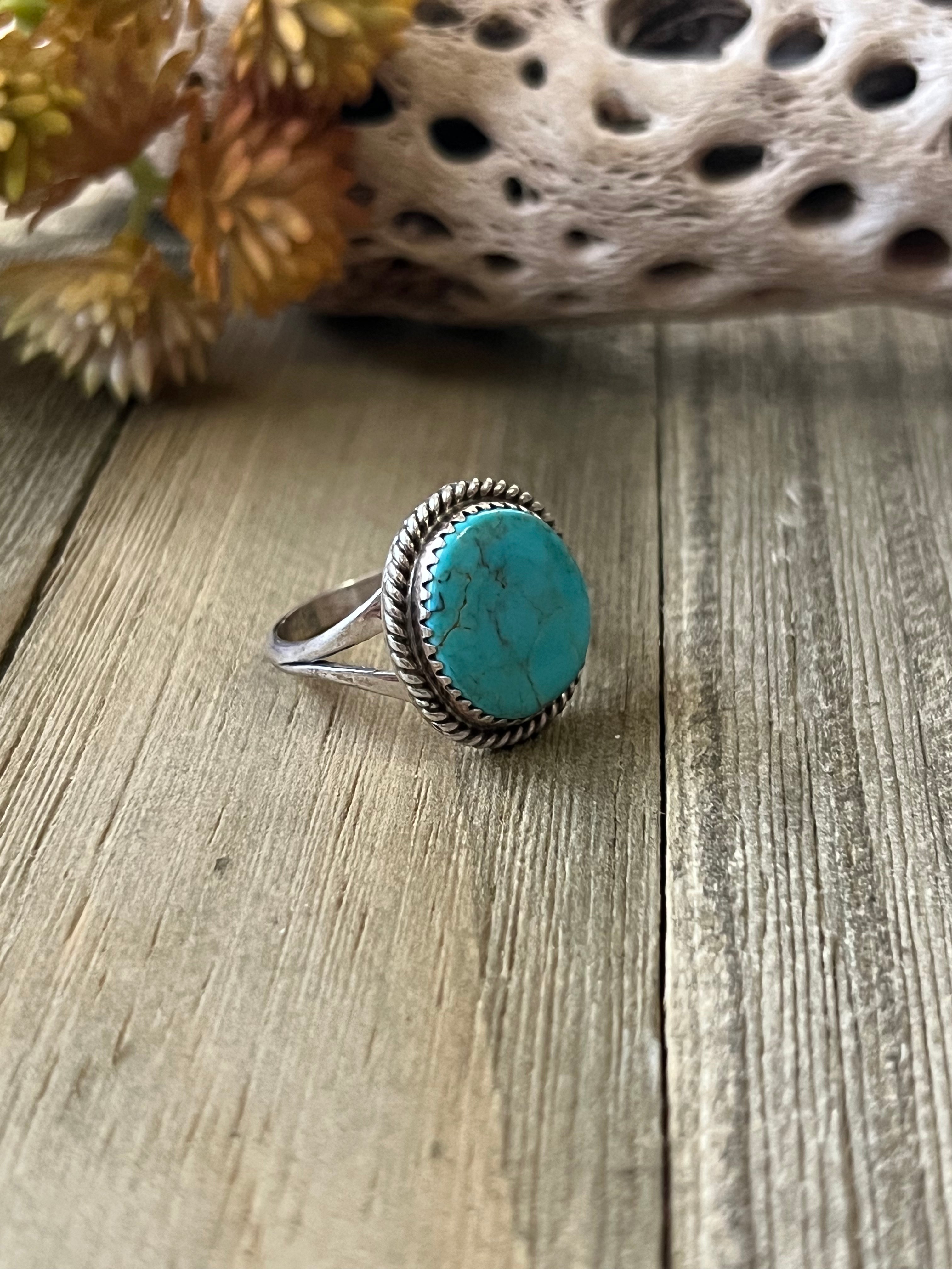 Navajo Made Kingman Turquoise & Sterling Silver Ring Size 8.5