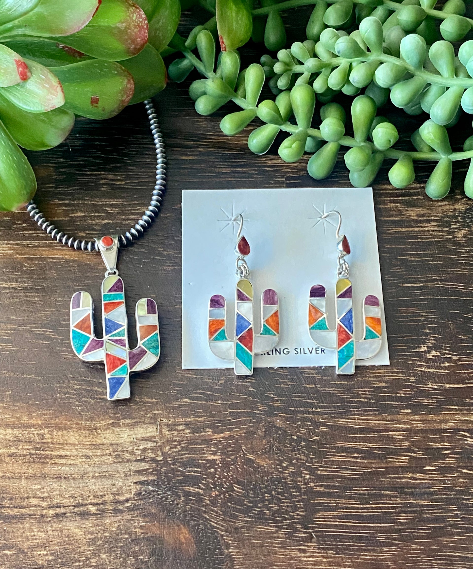 Southwest Handmade Multi Stone & Silver Inlay Pendant/Earring Set
