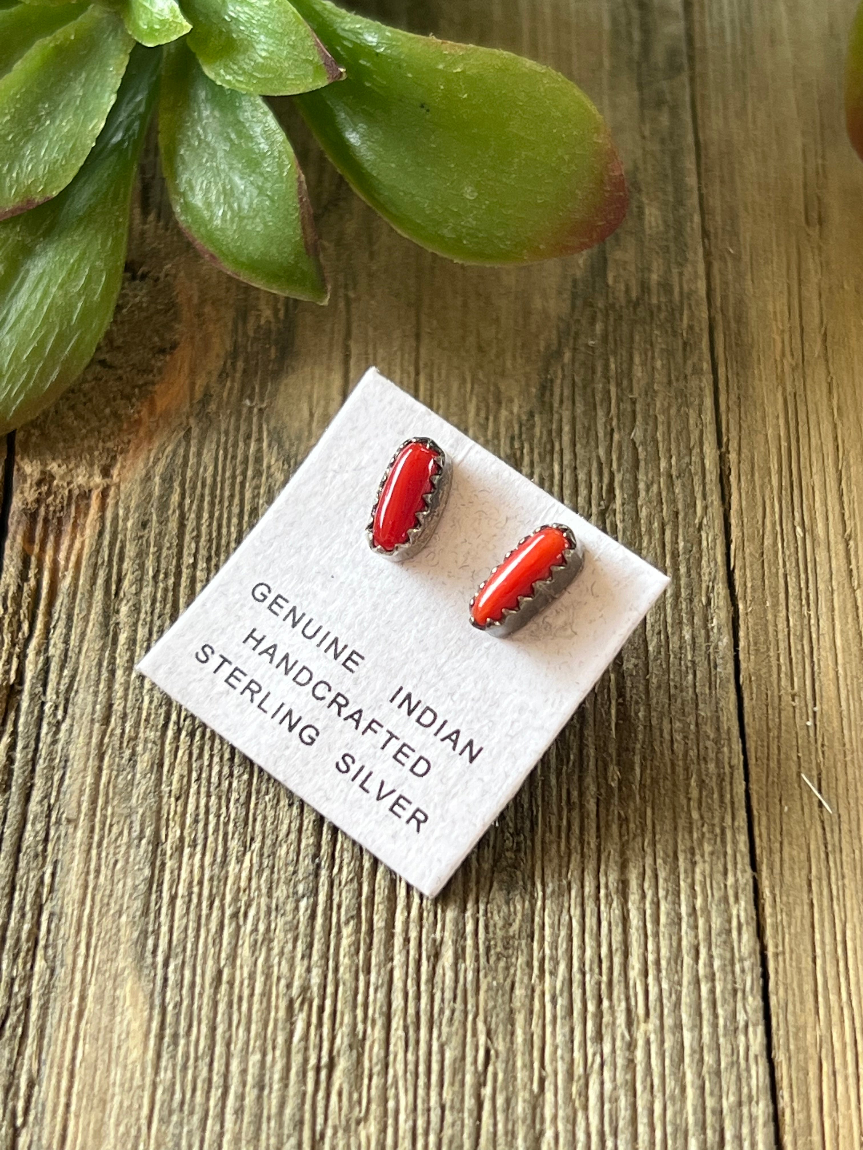 Navajo Made Mediterranean Coral & Sterling Silver Post Earrings