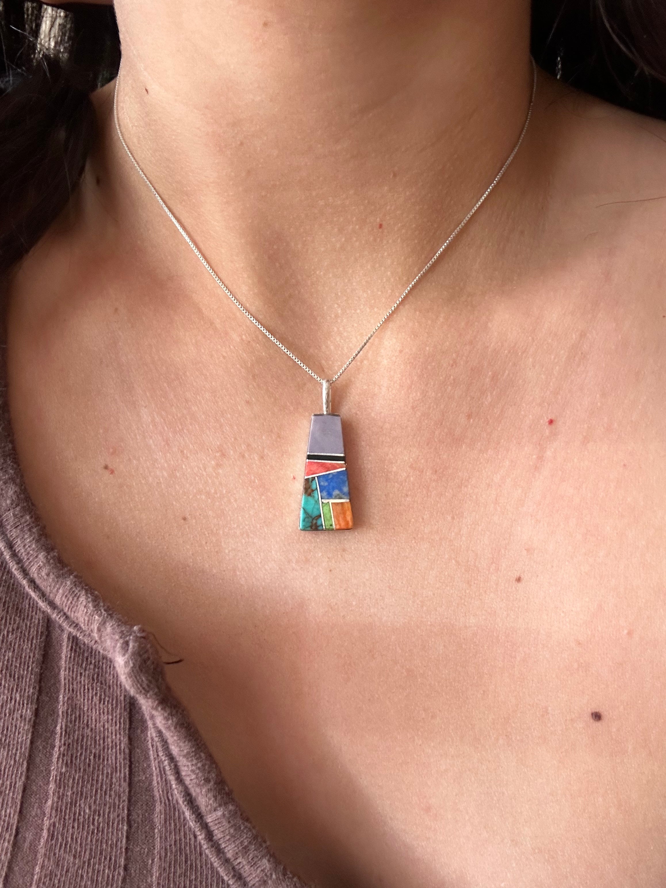 Navajo Made Multi Stone & Sterling Silver Inlay Pendant