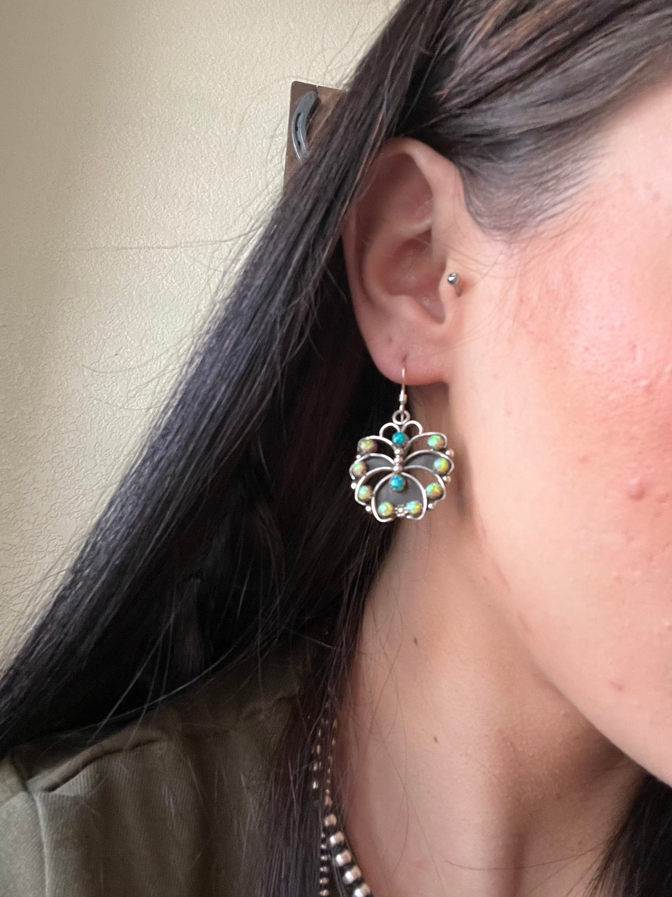 Zuni Made Opal (Man Made) & Sterling Silver Dangle Earrings