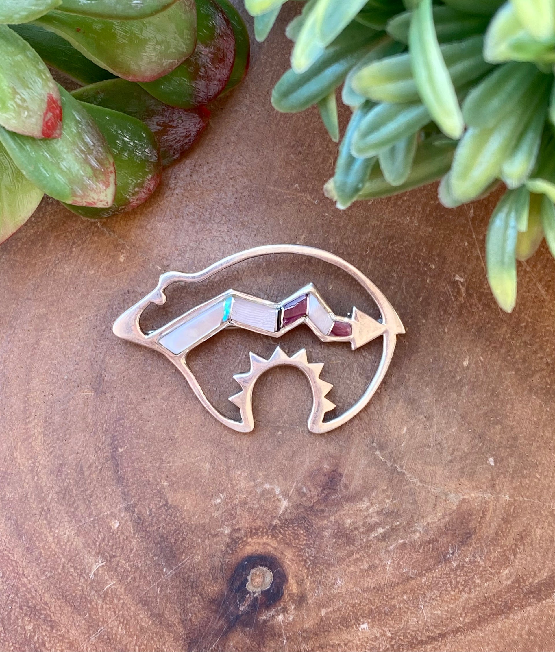 Navajo Made Multi Stone & Sterling Silver Inlay Bear Pin