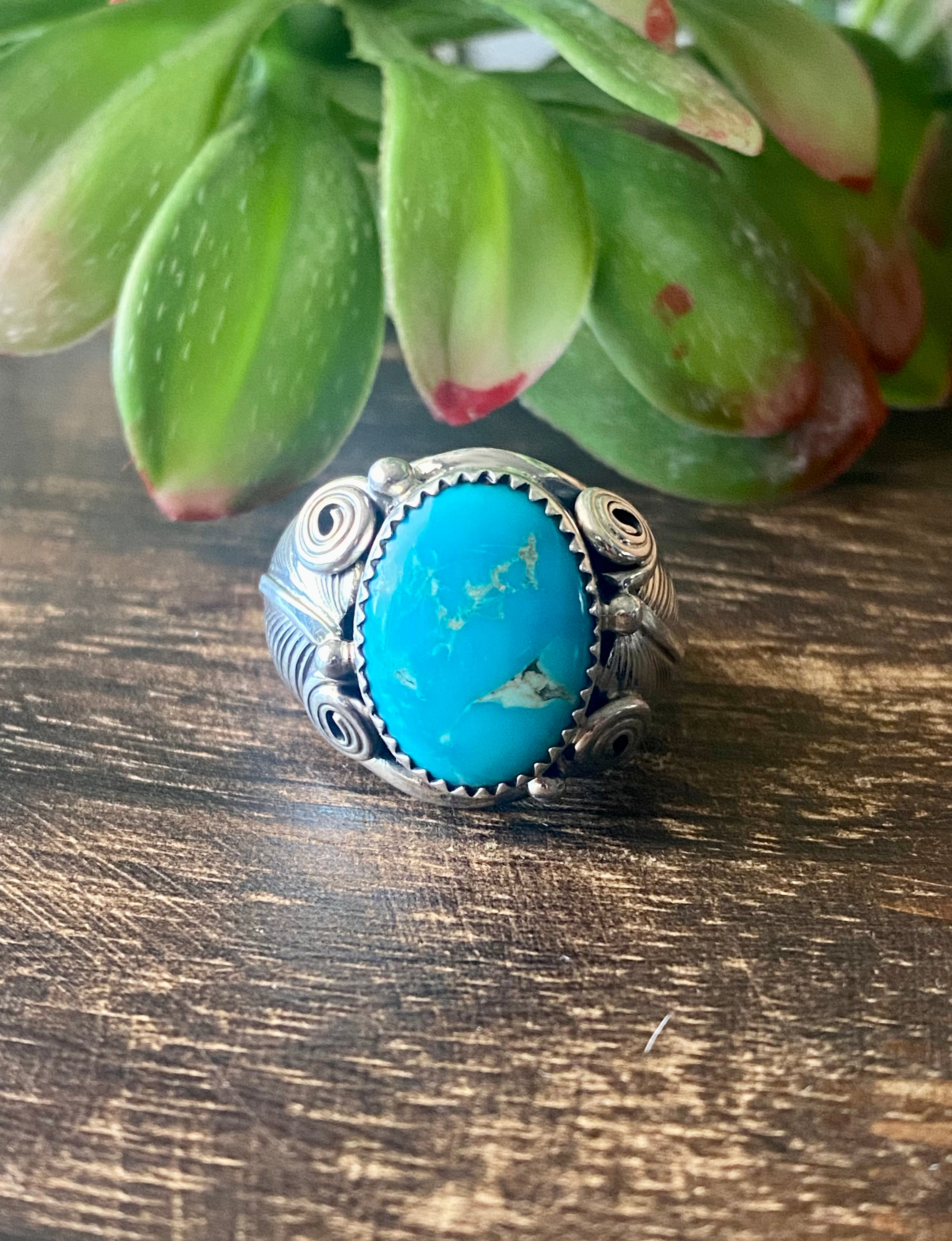 Navajo Made Kingman Turquoise & Sterling Silver Ring Size 9.5