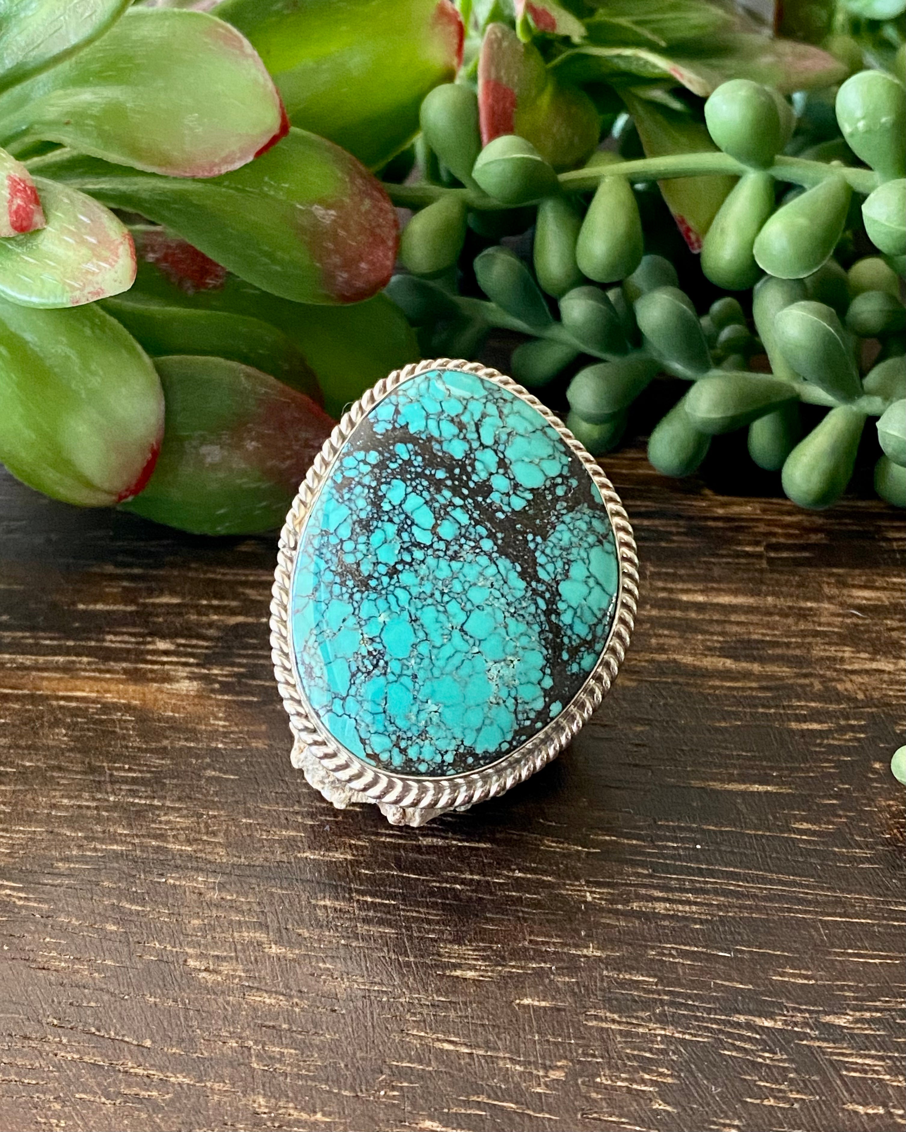 Navajo Made Hubei Turquoise & Sterling Silver Ring Size 10