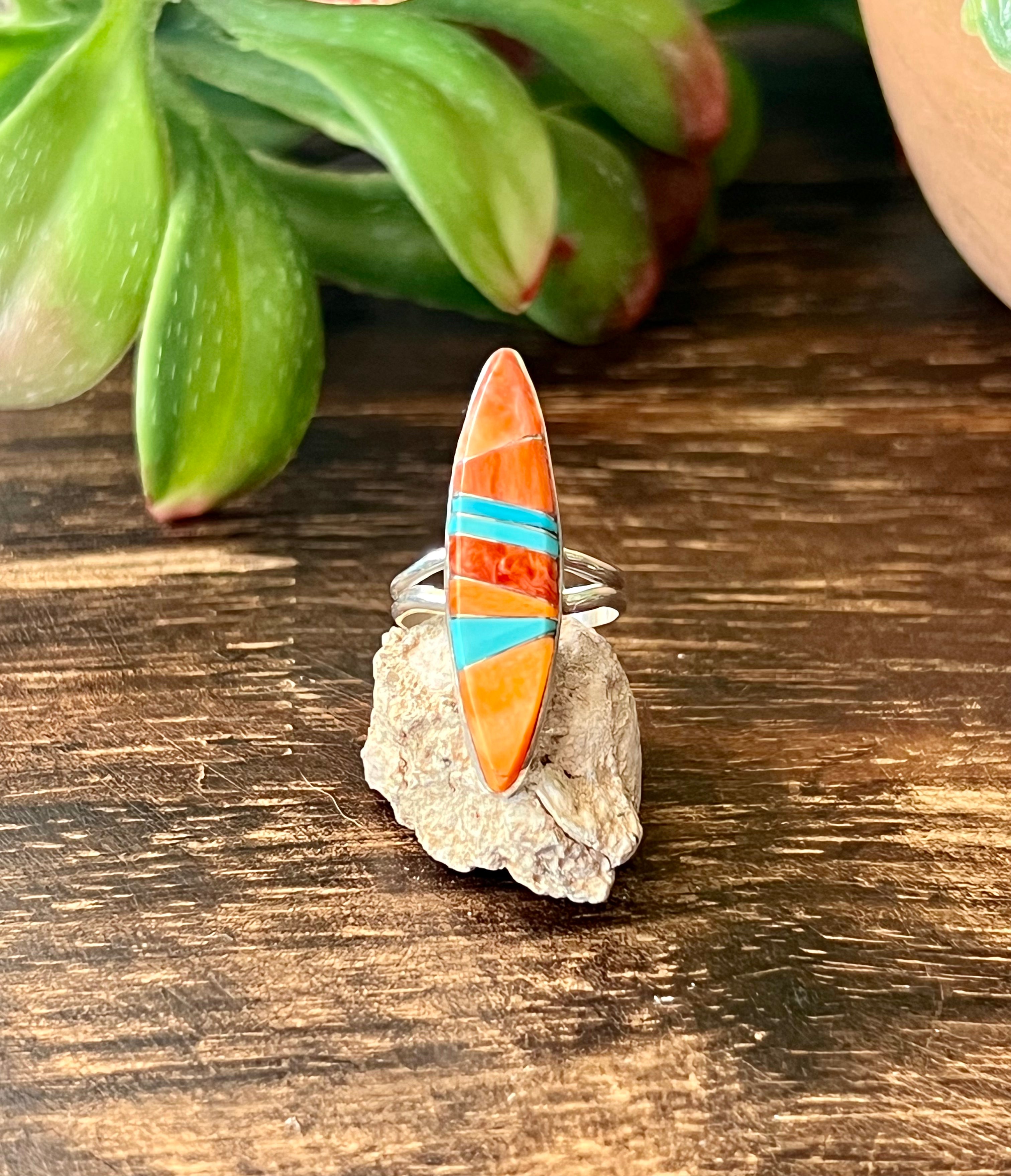 Navajo Made Multi Stone & Sterling Silver Inlay Ring Size 5