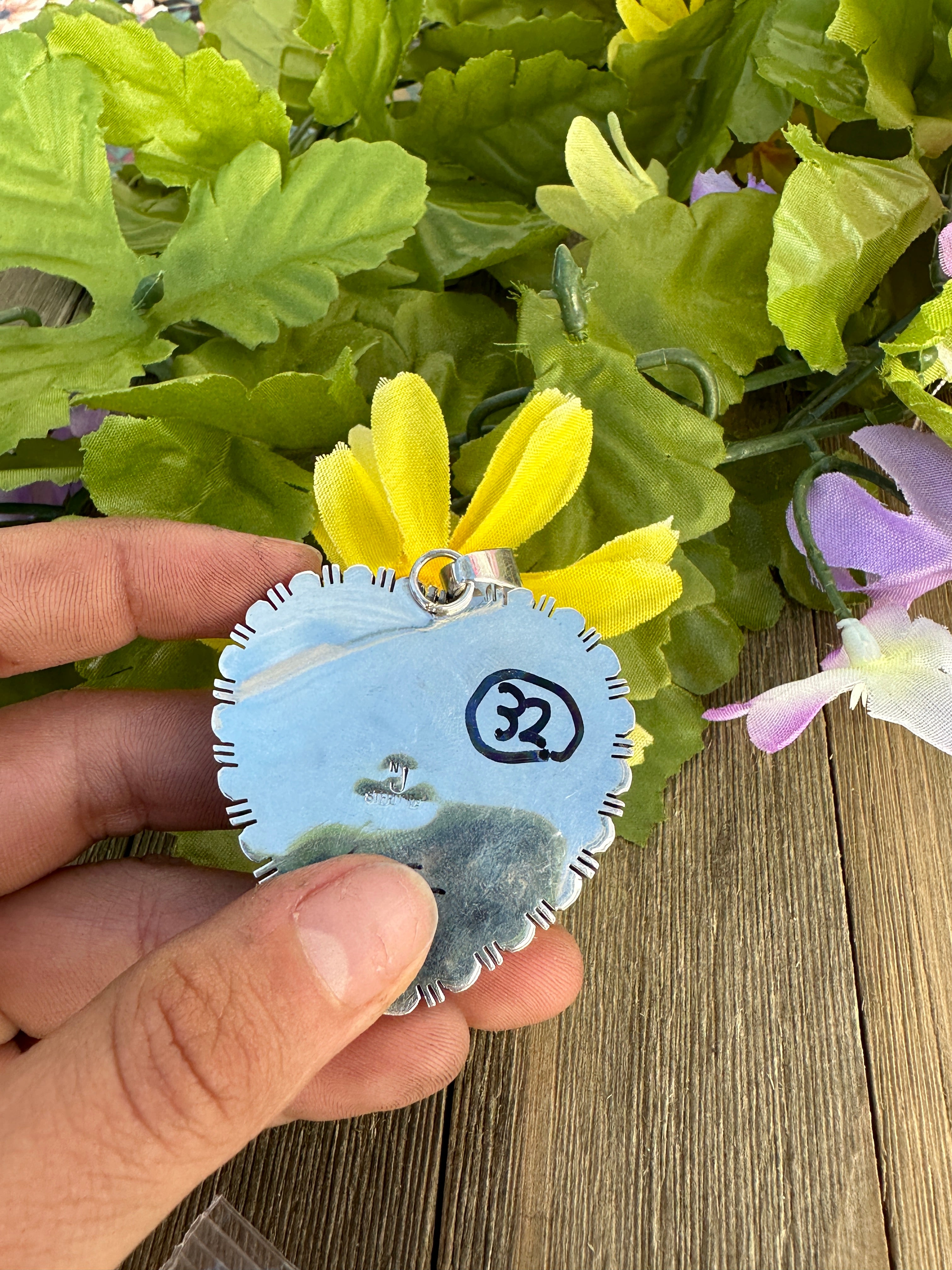 Navajo Made White Buffalo & Sterling Silver Heart Pendant